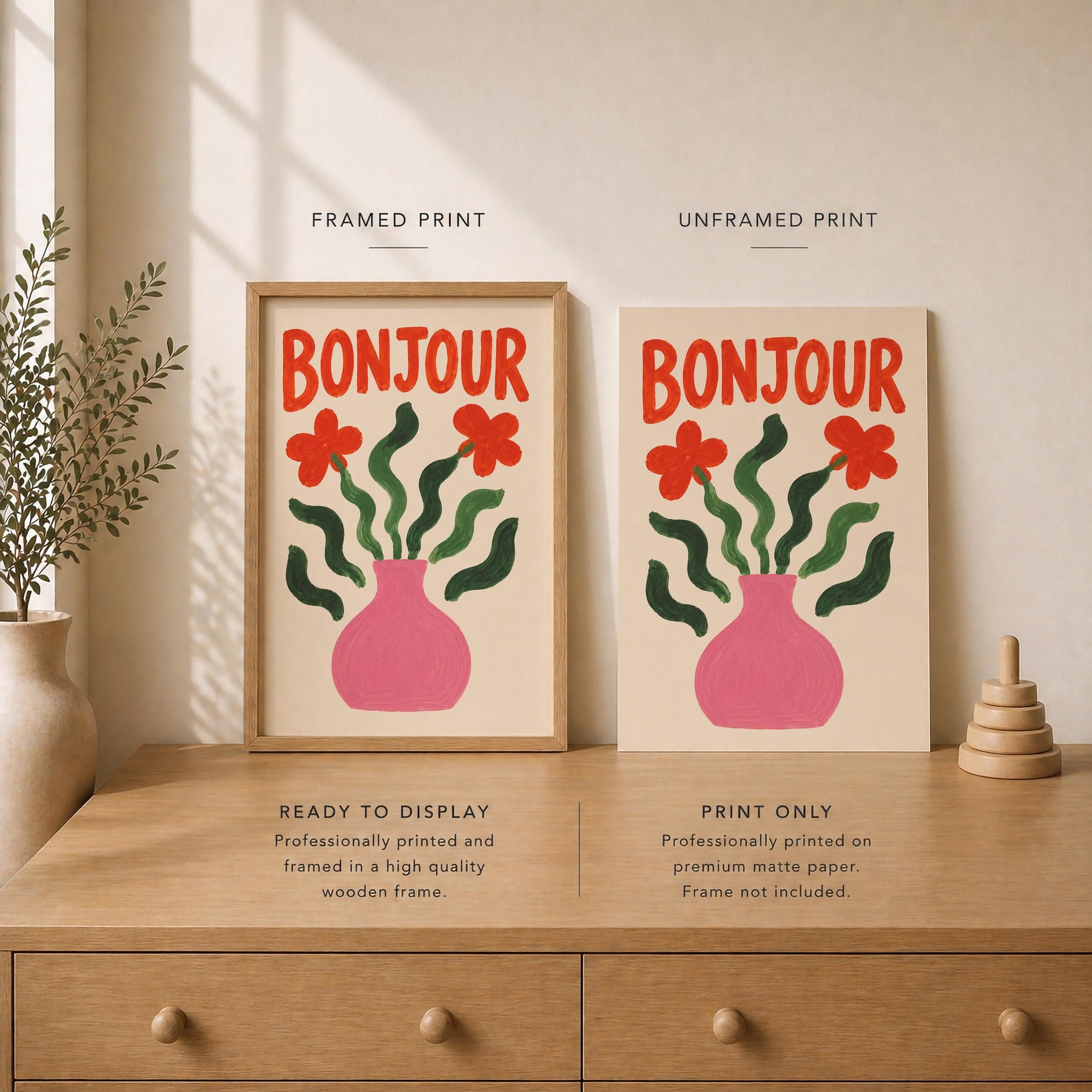 Bonjour Floral Art Print | Hand-Painted Botanical Flower Vase Wall Art | Framed or Unframed