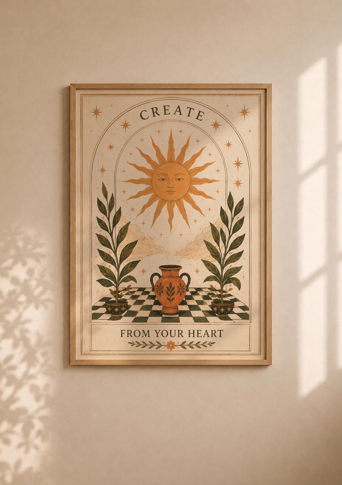 Create From The Heart Print | Inspirational Celestial Wall Art, Folk Sun Illustration, Framed or Unframed