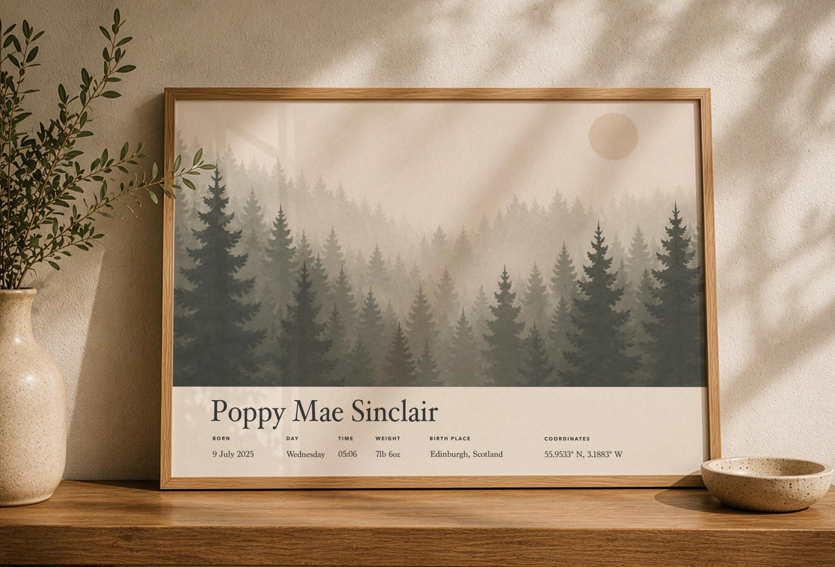 Personalised Birth Story Print | Misty Forest Nursery Wall Art | Framed or Unframed