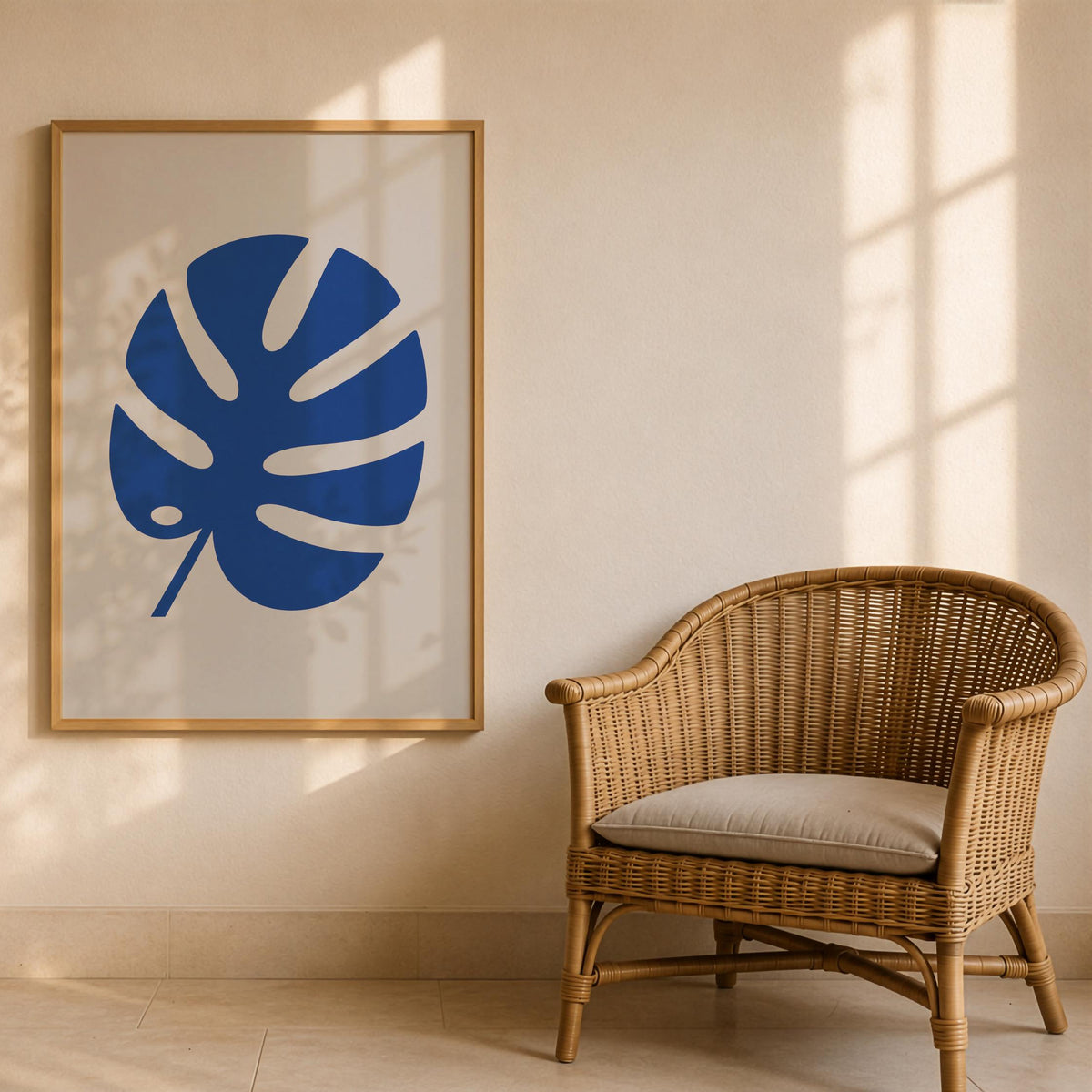 Blue Monstera Leaf Print | Modern Botanical Wall Art, Minimalist Room Decor | Framed or Unframed