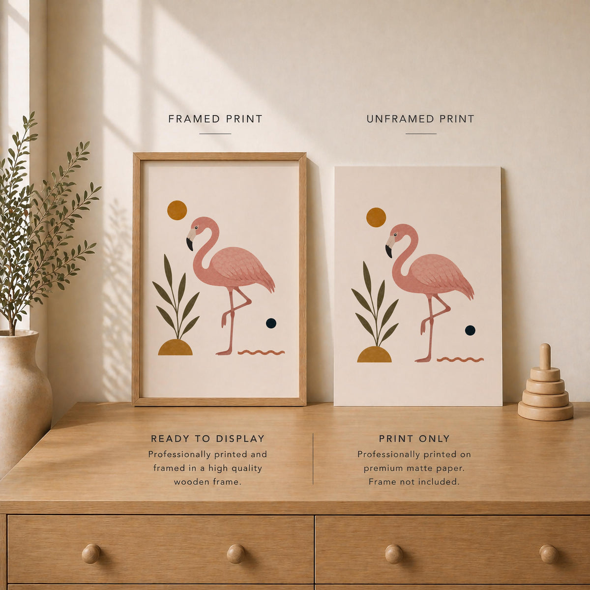 Personalised Flamingo Nursery Print, Modern Playroom Tropical Bird Wall Art, Framed or Unframed Poster