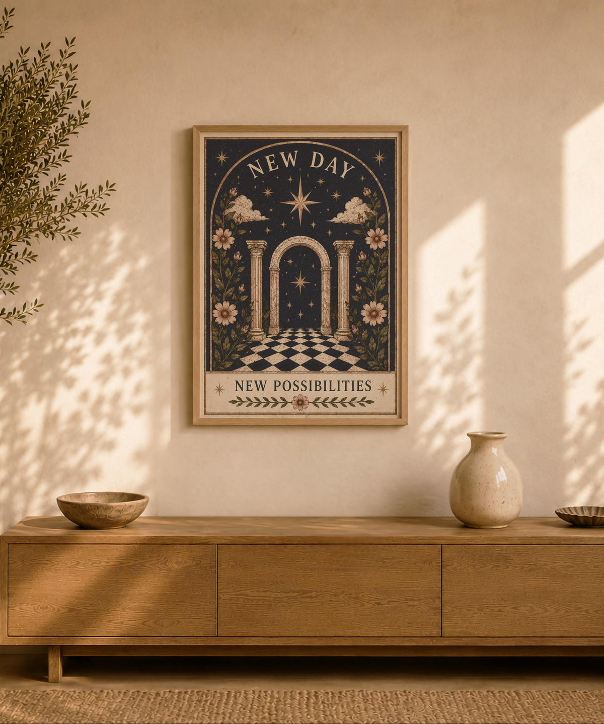New Day New Possibilities Celestial Folk Art Print | Inspirational Positive Message Wall Art | Framed or Unframed