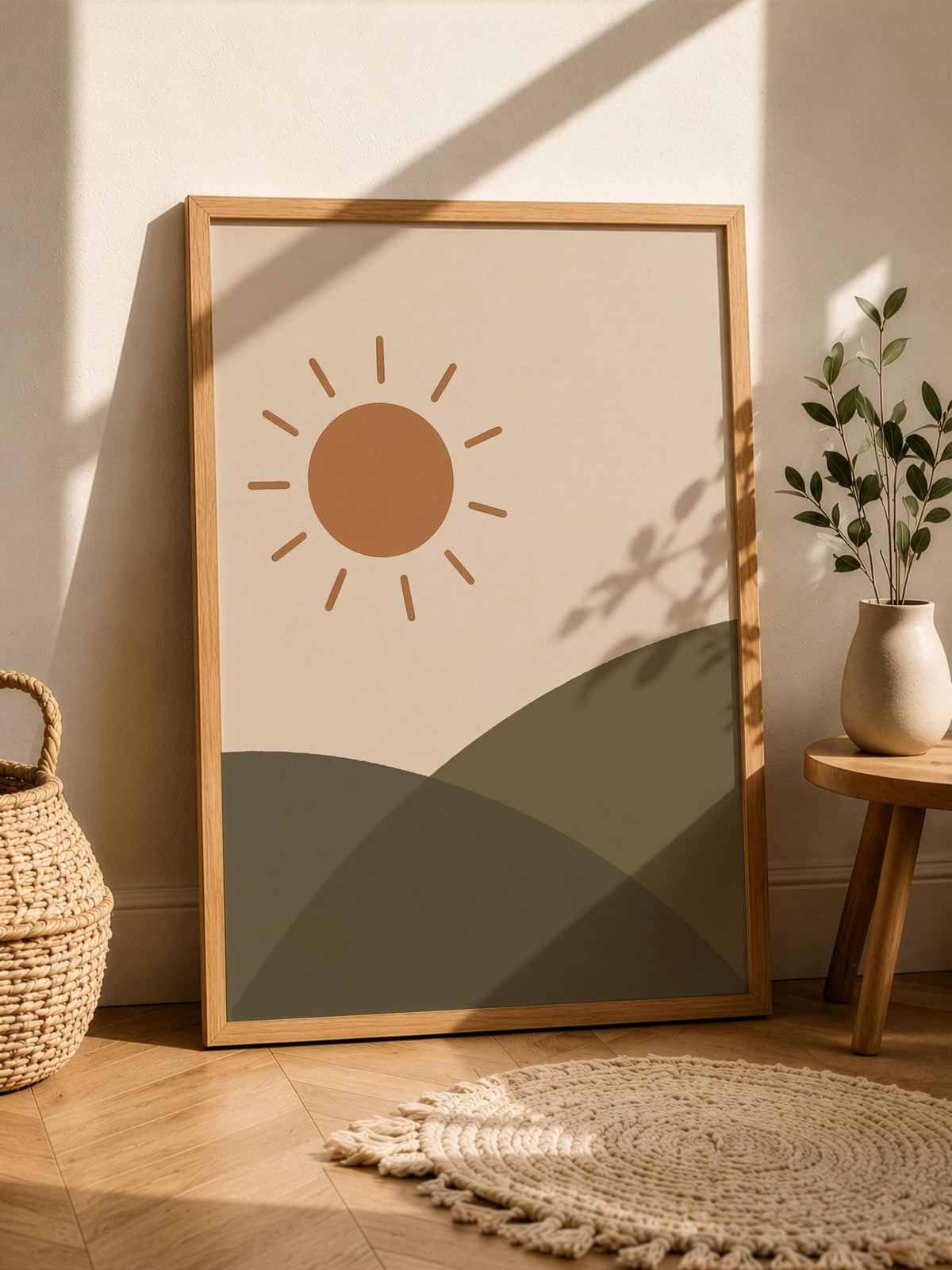Sun Over Hills Print | Hand-Painted Landscape Wall Art | Framed or Unframed