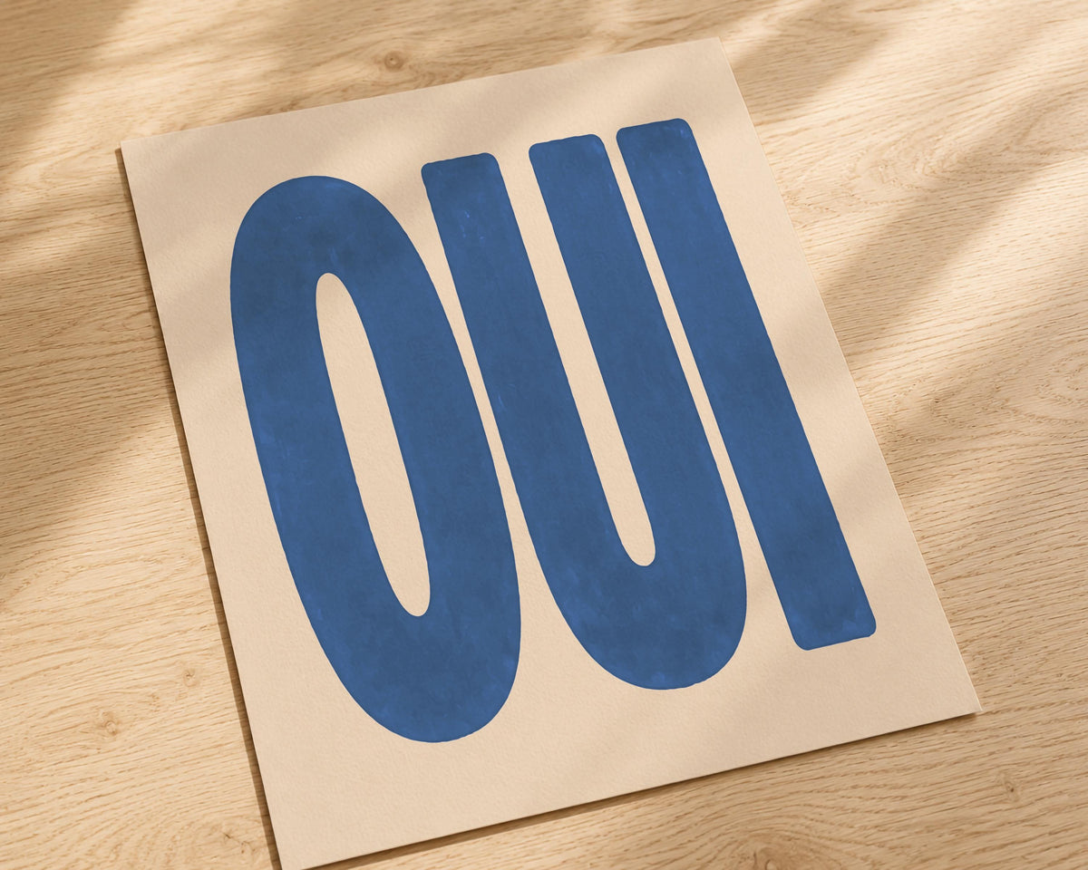 Oui Print | French Typography Wall Art, Hand-Painted Cobalt Blue Decor | Framed or Unframed