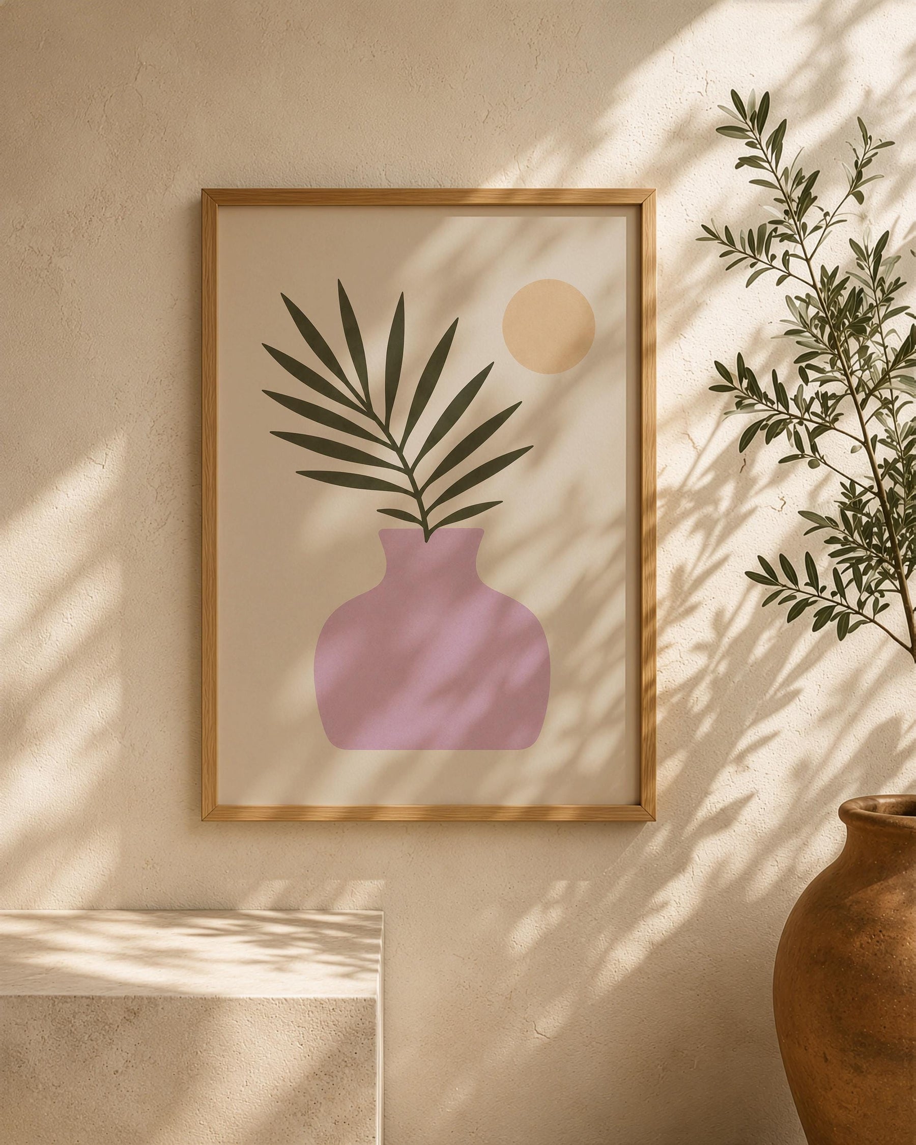 Moonlit Palmera Palm Frond Print | Minimalist Botanical Vase Wall Art | Framed or Unframed