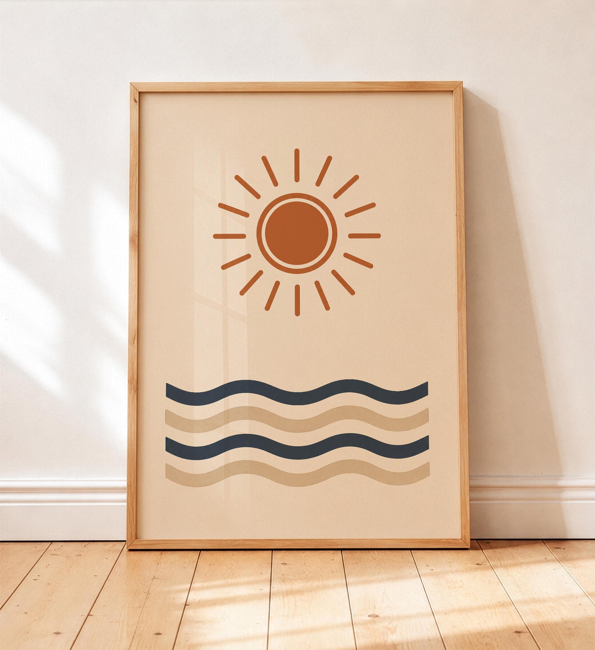 Sun and Waves Print | Coastal Minimalist Beach House Wall Art | Framed or Unframed