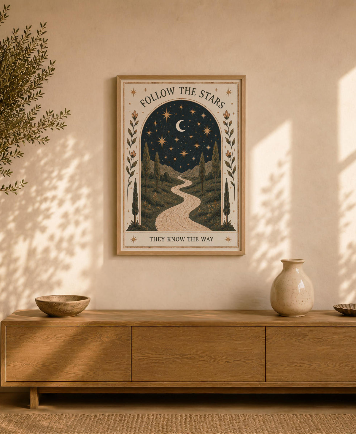 Follow The Stars Print | Celestial Moon Nursery Wall Art, Folk Landscape Illustration, Framed or Unframed