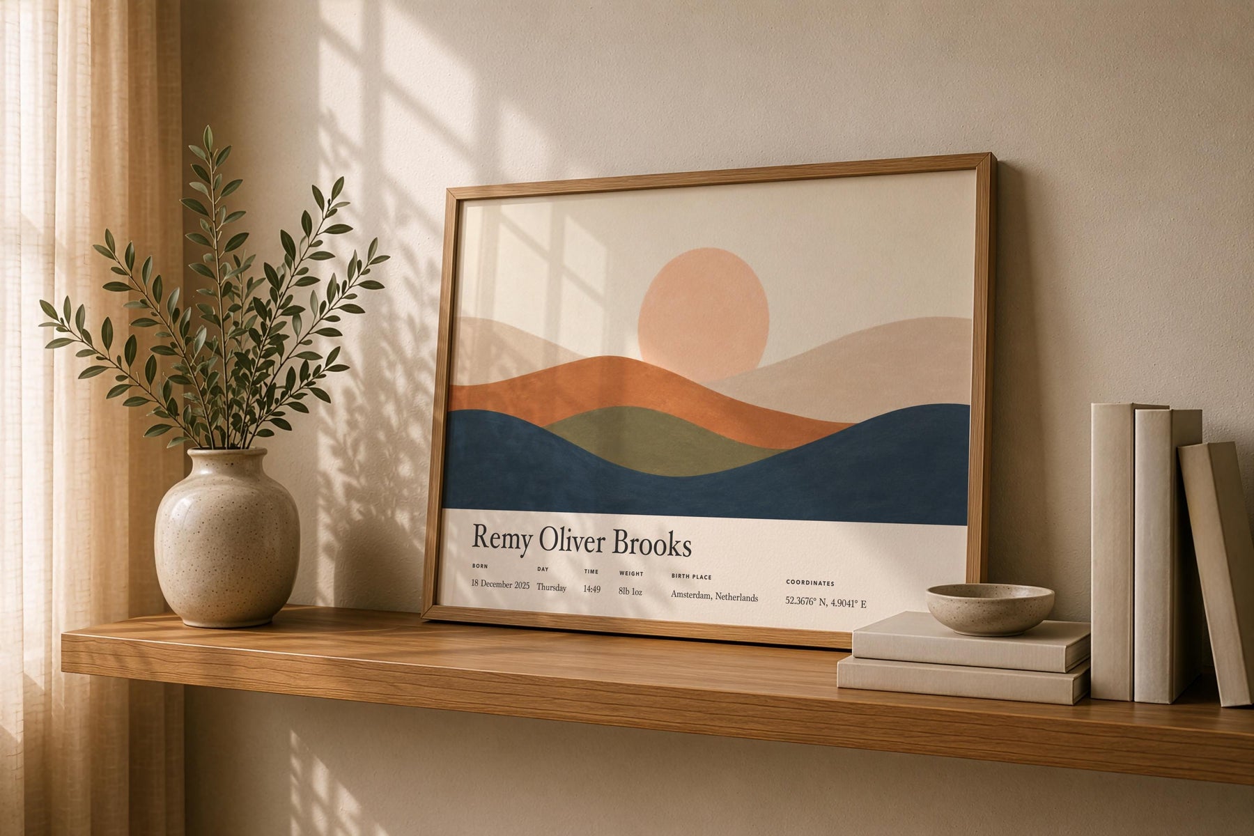 Personalised Birth Story Landscape Print | Rolling Hills Sunrise Nursery Art | Framed or Unframed
