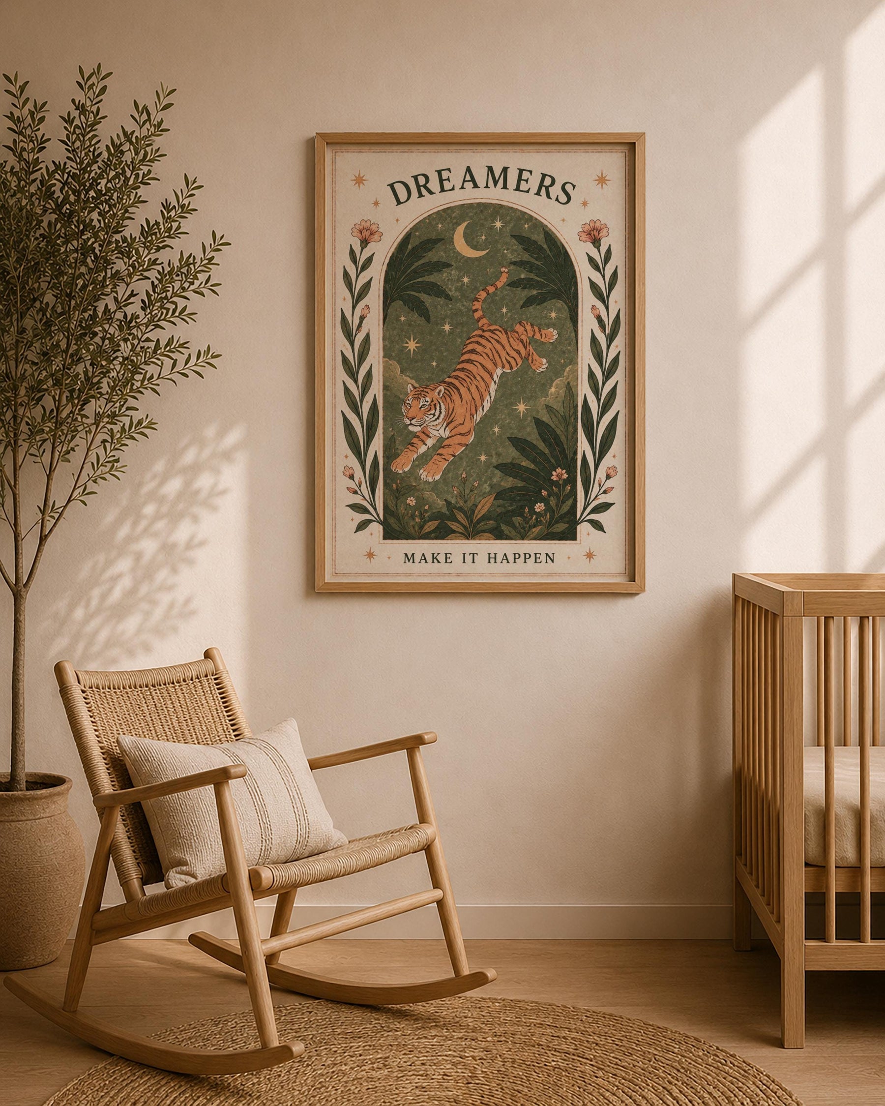 Tiger Illustrated Print | Inspirational Dreamer Folk Art Animal Wall Art | Framed or Unframed