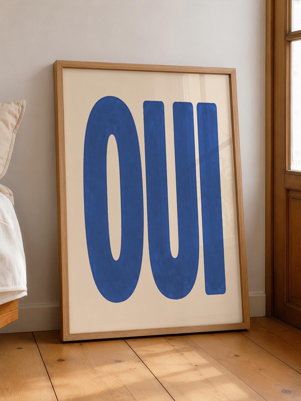 Oui Print | French Typography Wall Art, Hand-Painted Cobalt Blue Decor | Framed or Unframed