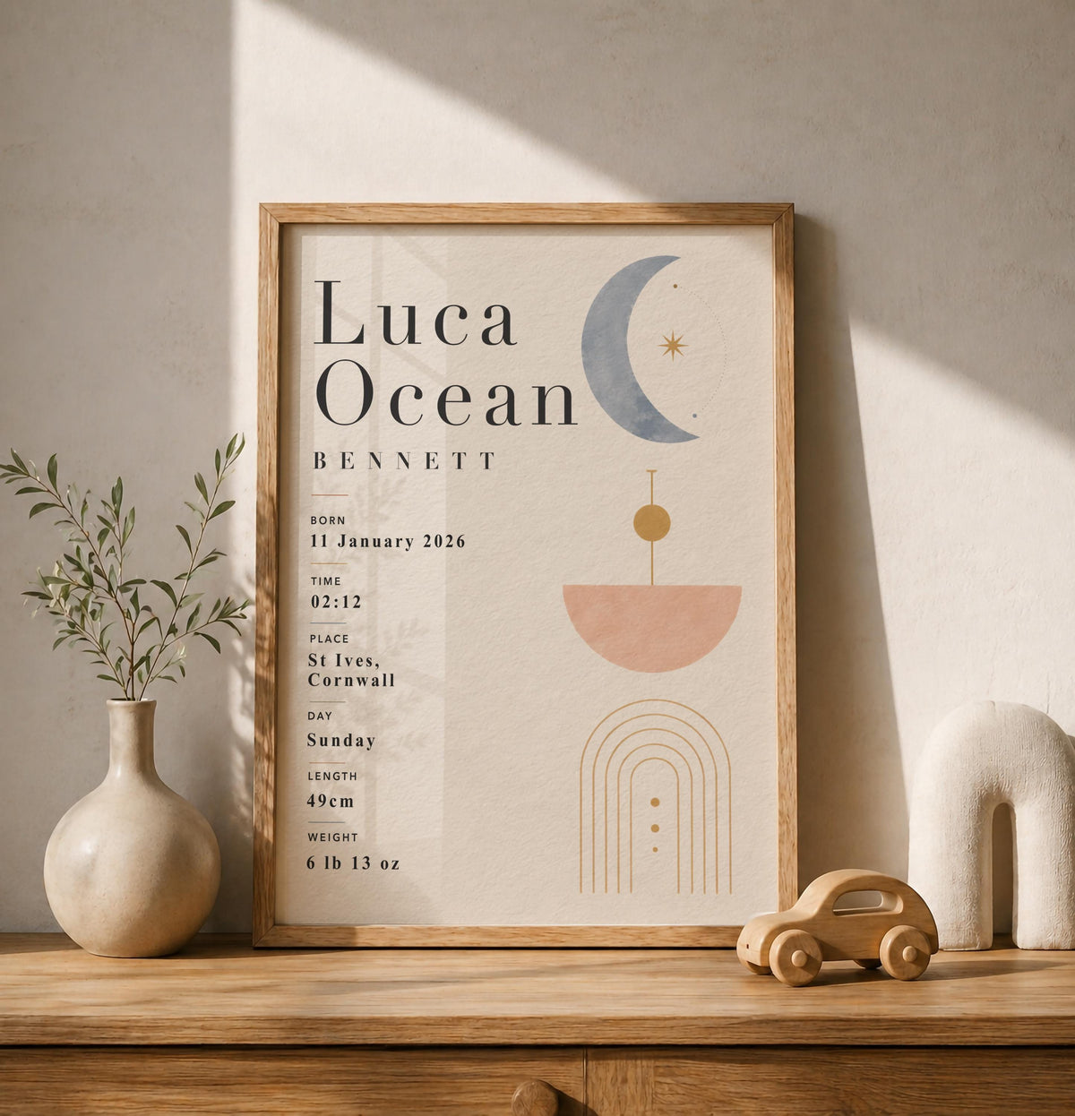Personalised Celestial Birth Record Print | Modern Nursery Wall Art | Framed or Unframed