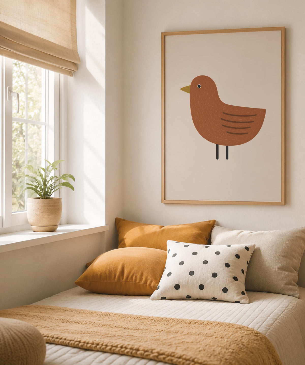 Hand-Painted Bird Print | Scandinavian Folk Art, Neutral Nursery Decor | Framed or Unframed