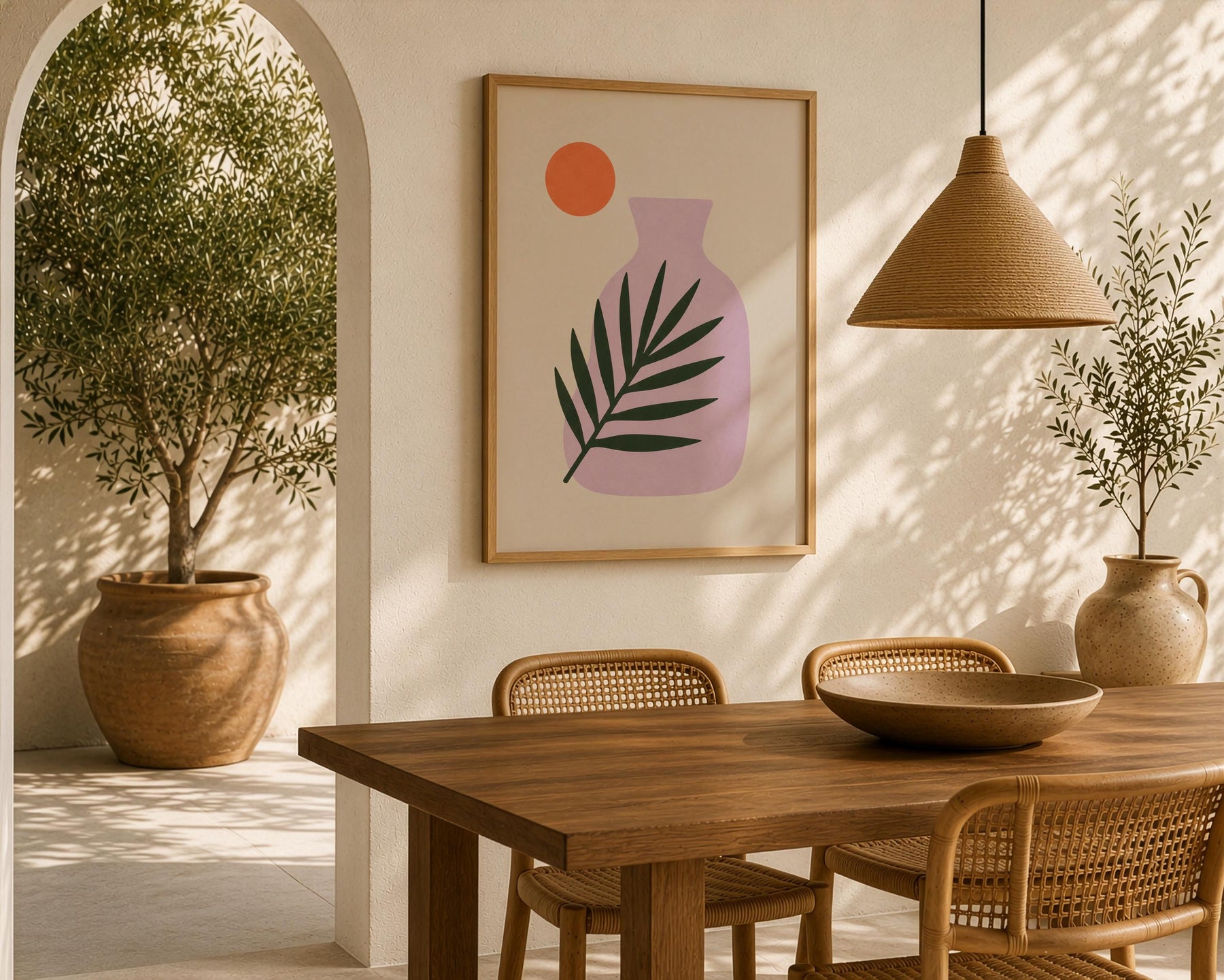 Sunset Palm Leaf Print | Purple Vase Botanical Art, Mediterranean Modern Decor | Framed or Unframed
