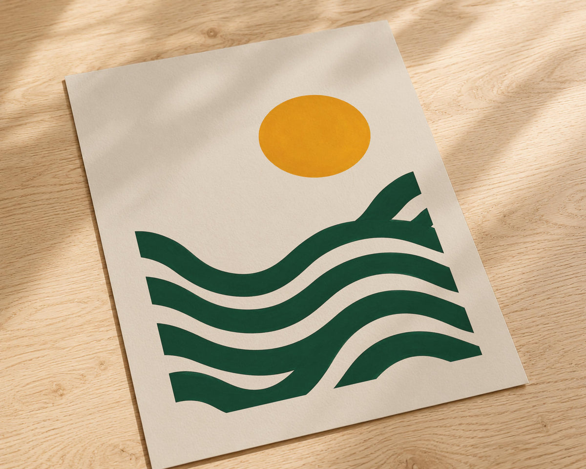 Abstract Landscape Seascape Print | Green Waves, Sun Illustration, Coastal Wall Art | Framed or Unframed
