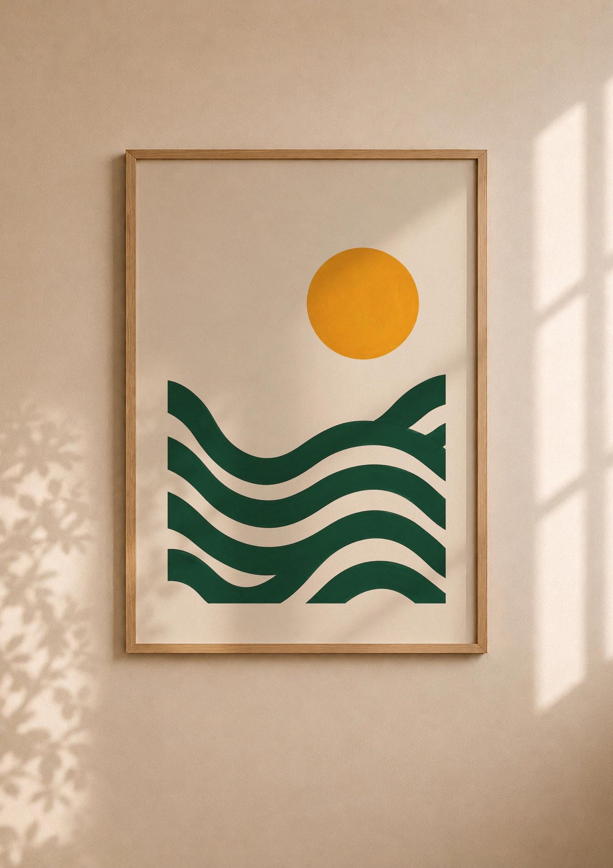 Abstract Landscape Seascape Print | Green Waves, Sun Illustration, Coastal Wall Art | Framed or Unframed