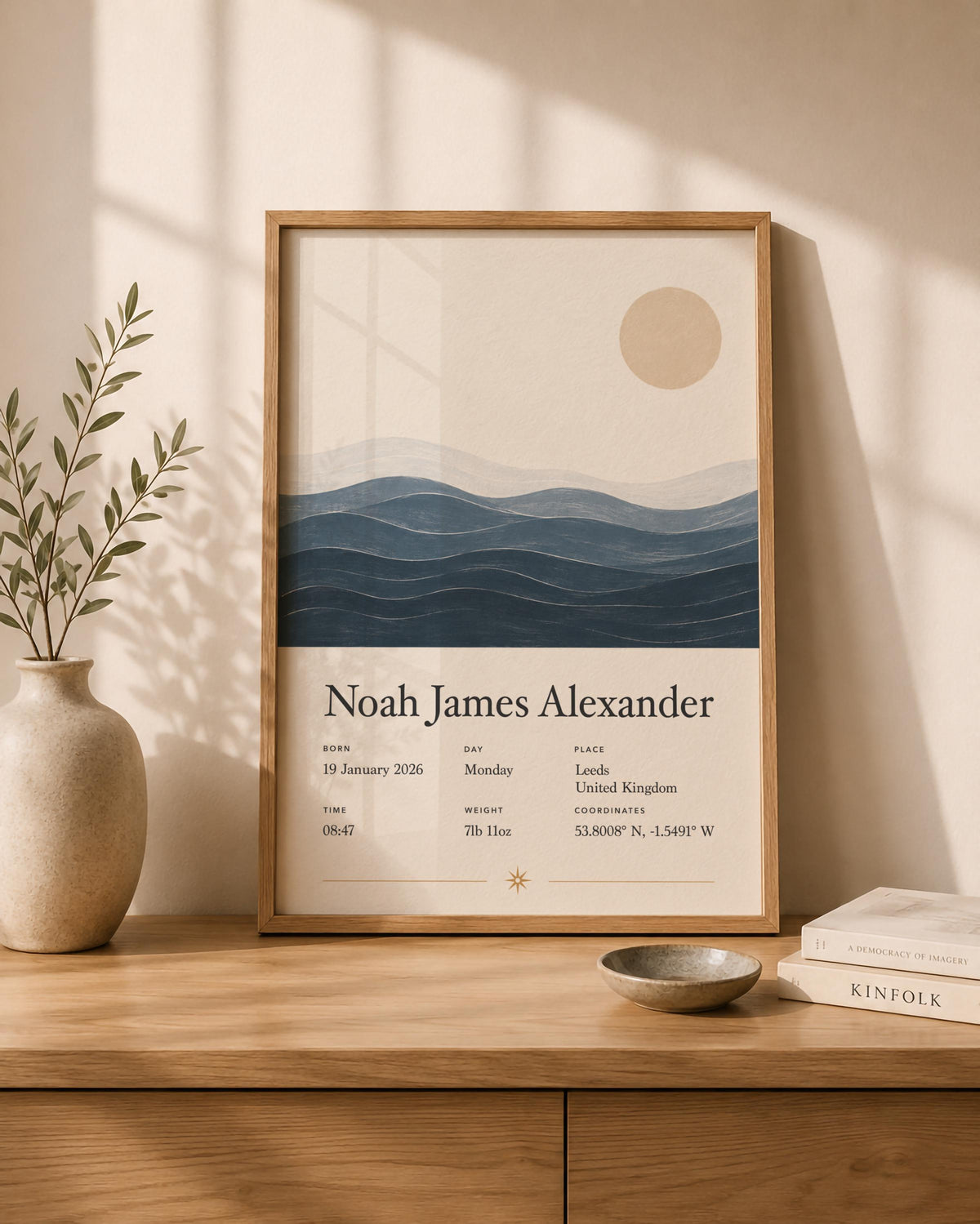 Personalised Birth Story Print | Ocean Waves Seascape Nursery Wall Art | Framed or Unframed