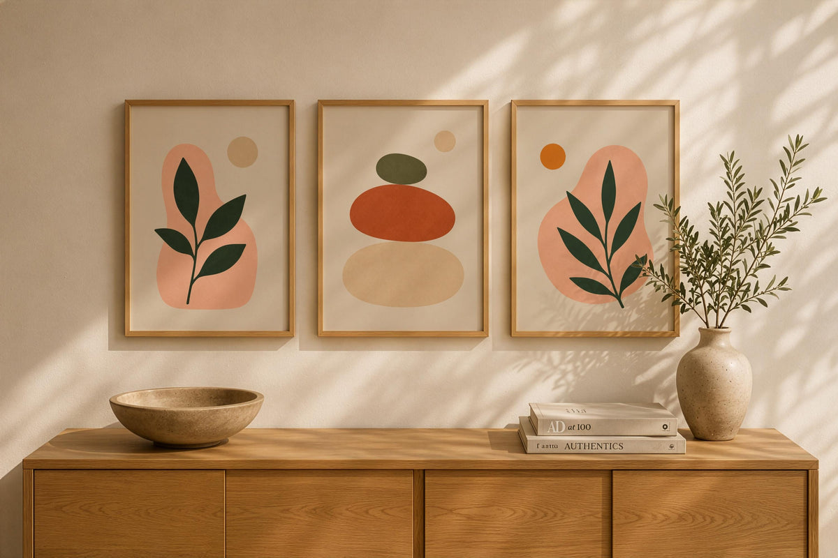 Balance Abstract Stacked Stones Print | Terracotta Olive Minimalist Wall Art | Framed or Unframed