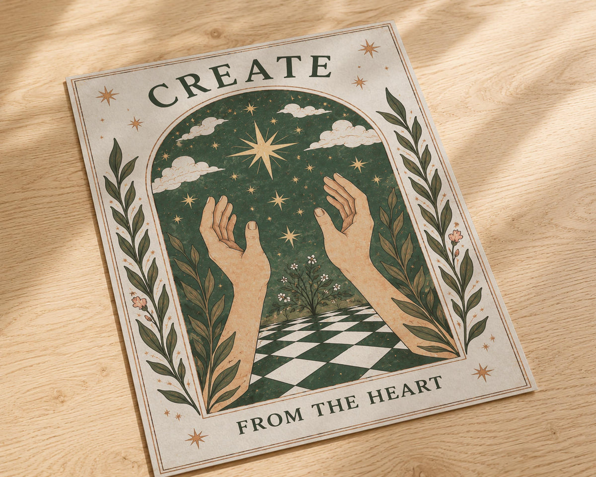 Create From The Heart Hands Print | Inspirational Celestial Wall Art, Folk Hands Illustration, Framed or Unframed