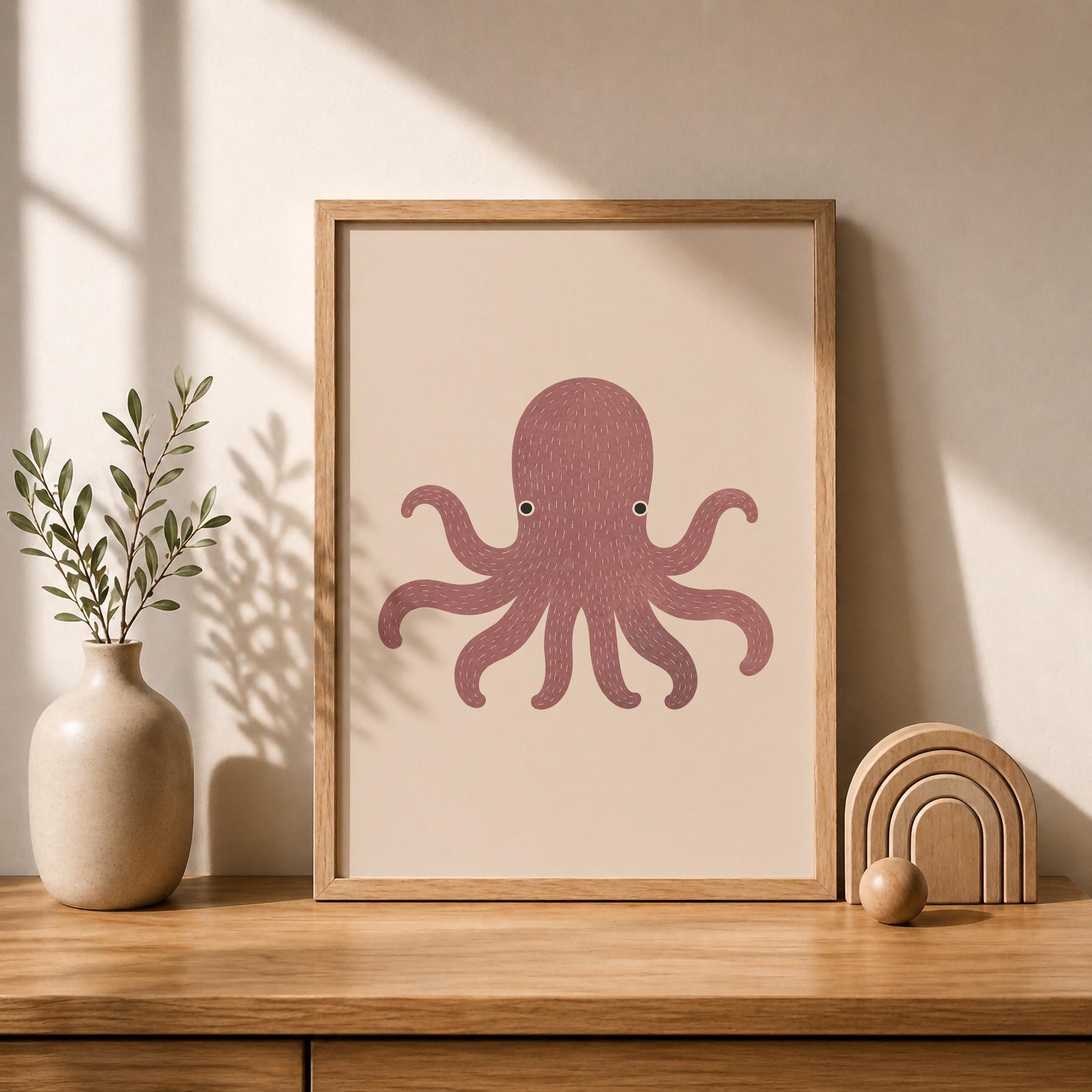 Hand-Painted Octopus Print | Minimalist Scandinavian Coastal Nursery Decor | Framed or Unframed