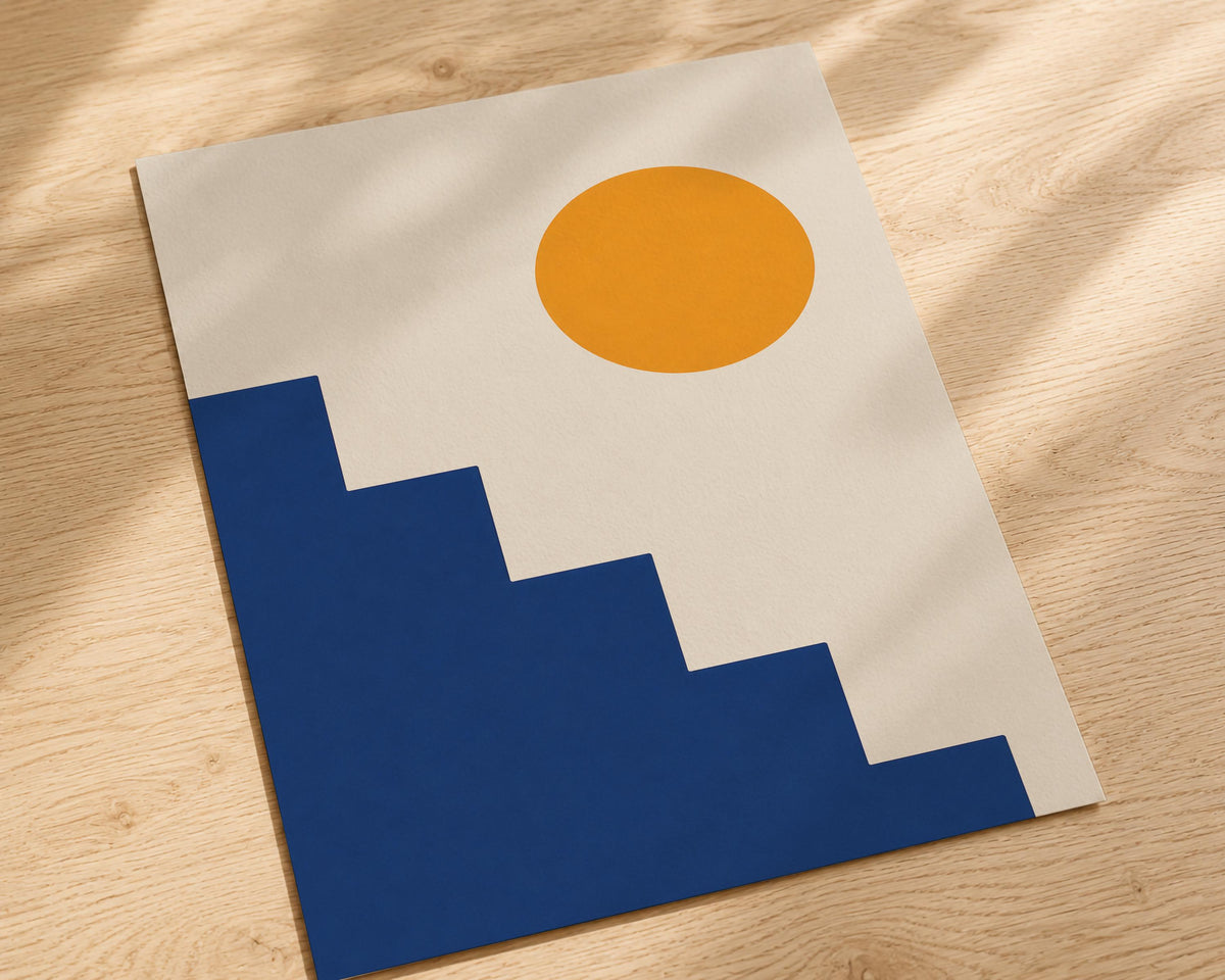Ascend Abstract Steps Print | Mediterranean Geometric Landscape Wall Art | Framed or Unframed