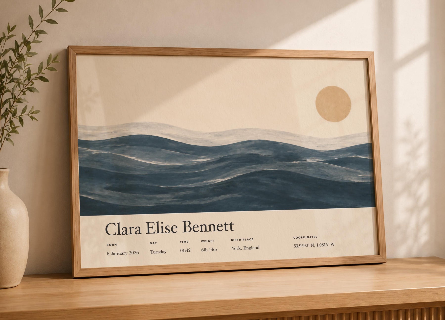 Personalised Birth Story Landscape Print | Ocean Seascape Nursery Wall Art | Framed or Unframed