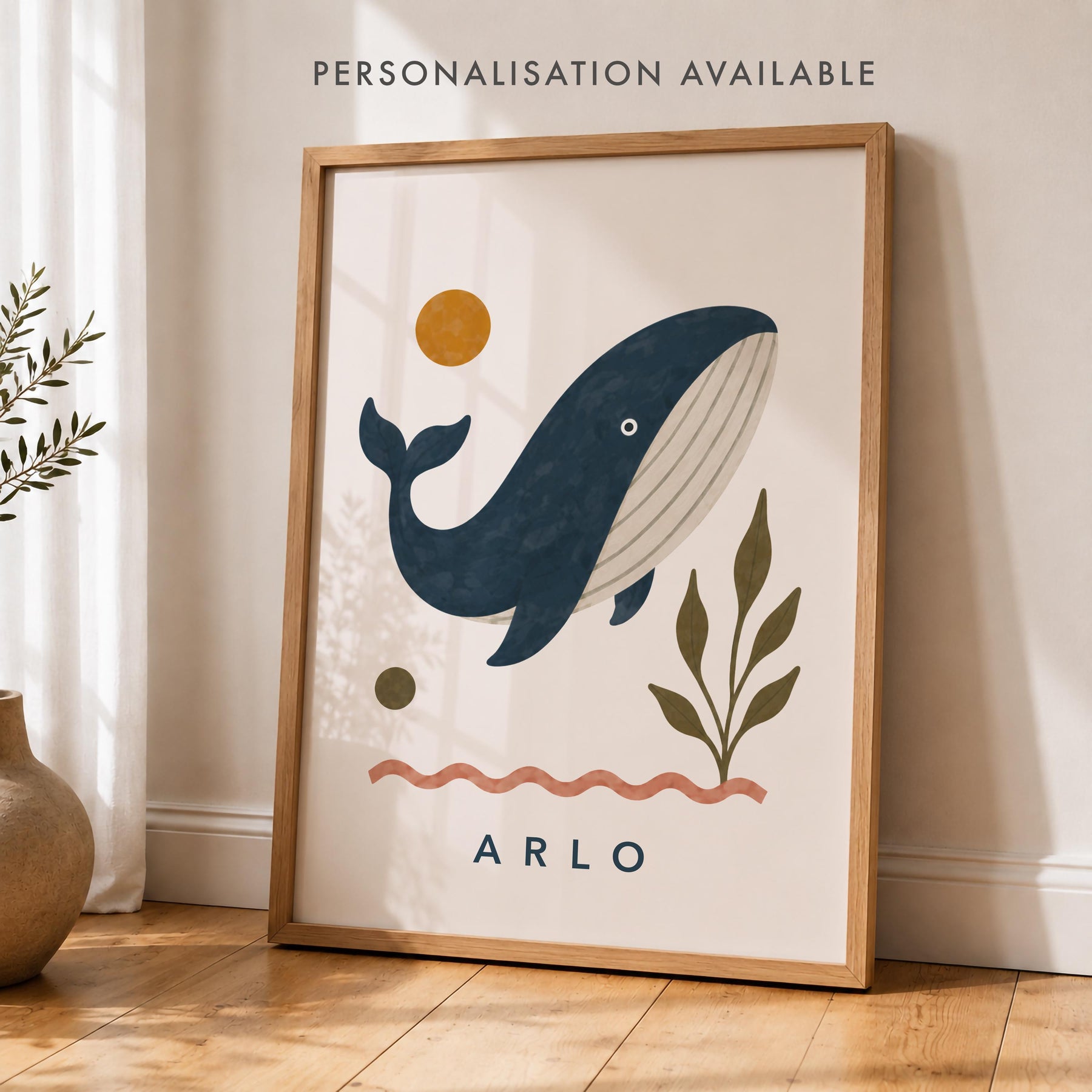 Personalised Whale Nursery Print | Ocean Animal Illustrated Wall Art | Framed or Unframed