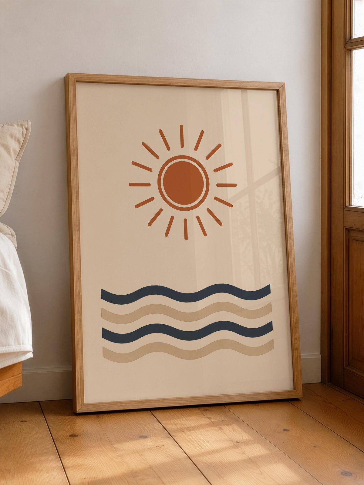 Sun and Waves Print | Coastal Minimalist Beach House Wall Art | Framed or Unframed
