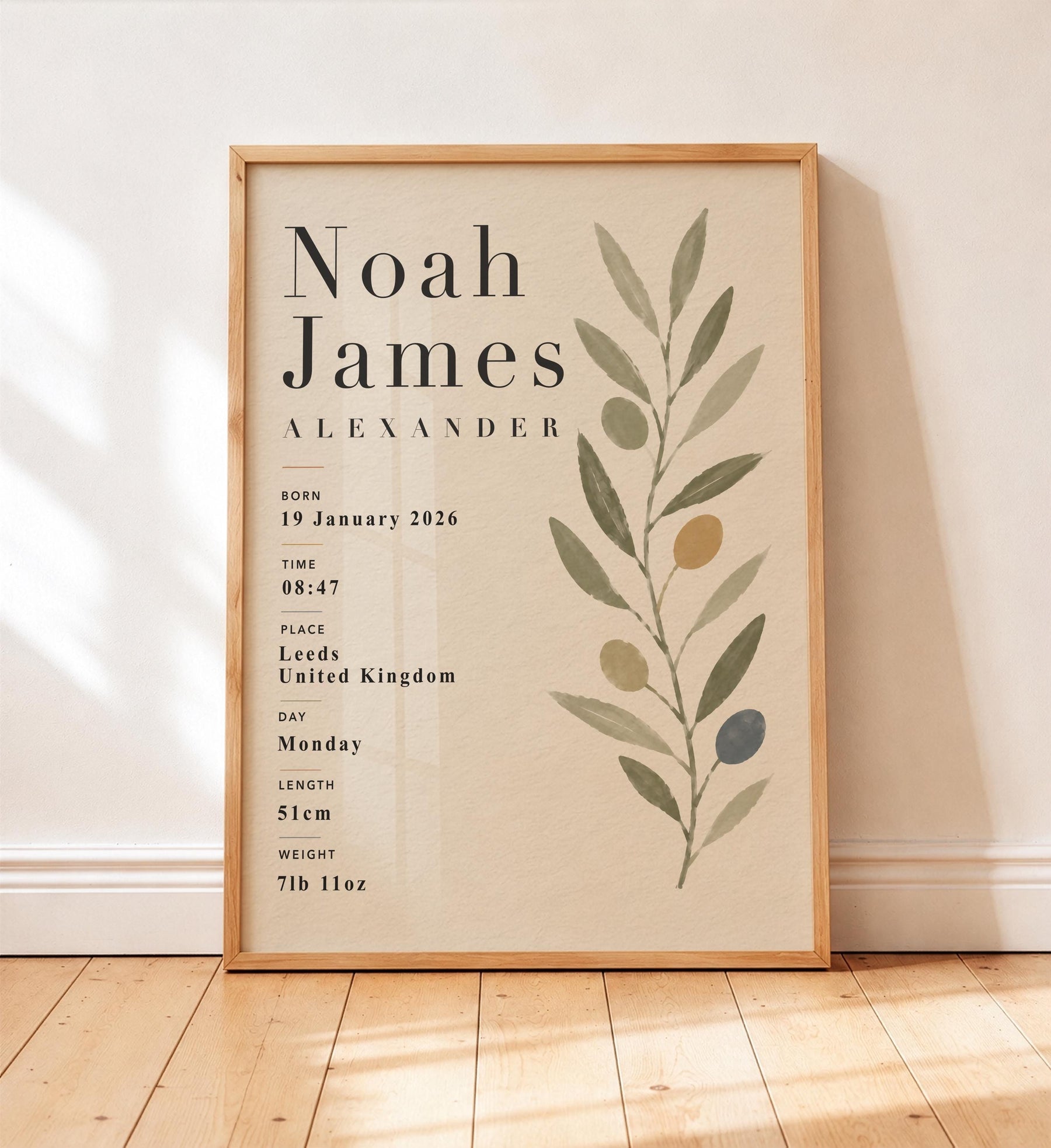 Personalised Botanical Birth Record Print | Custom Nursery Wall Art | Framed or Unframed