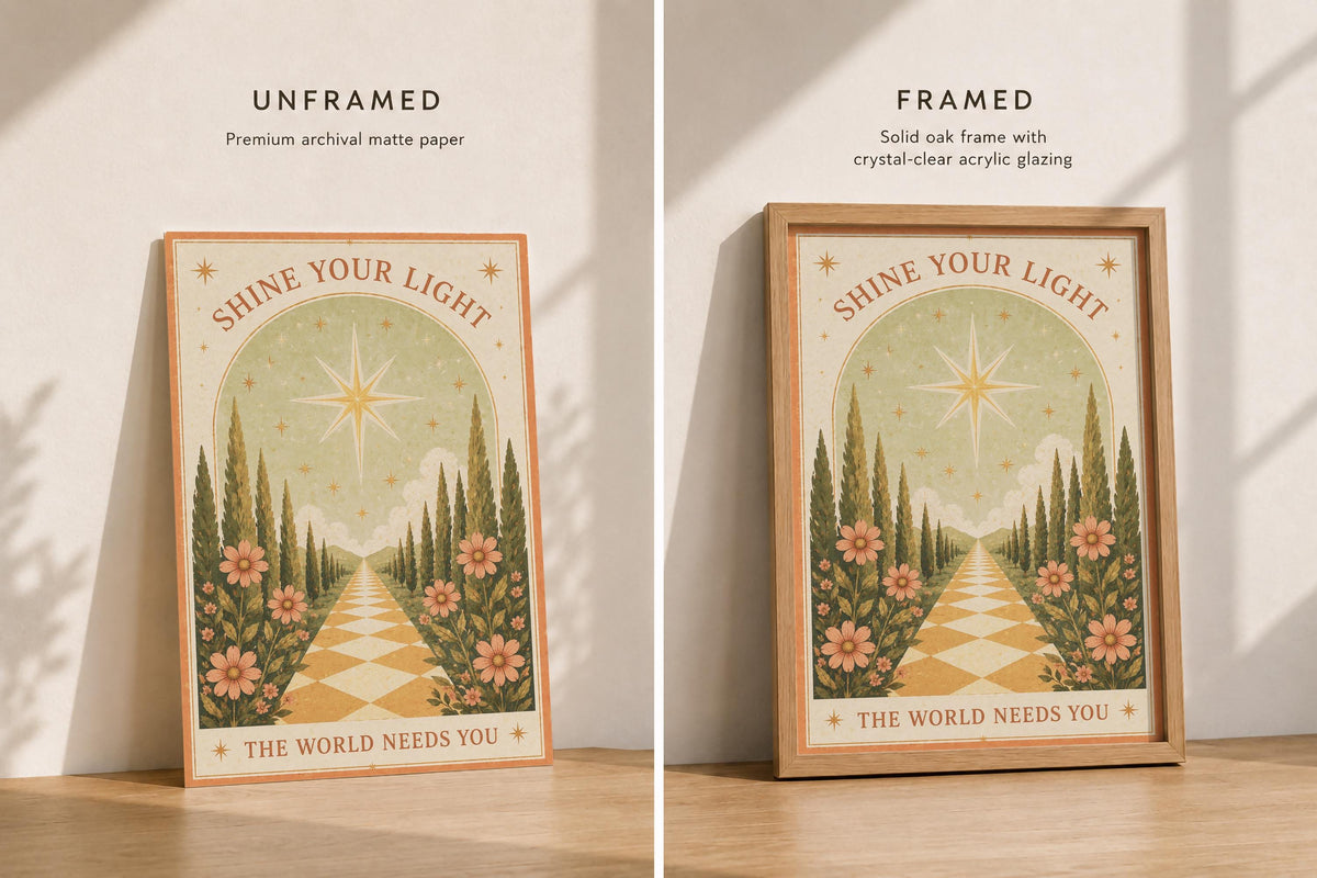 Shine Your Light Celestial Folk Art Print | Positive Message Inspirational Star Illustration | Framed or Unframed