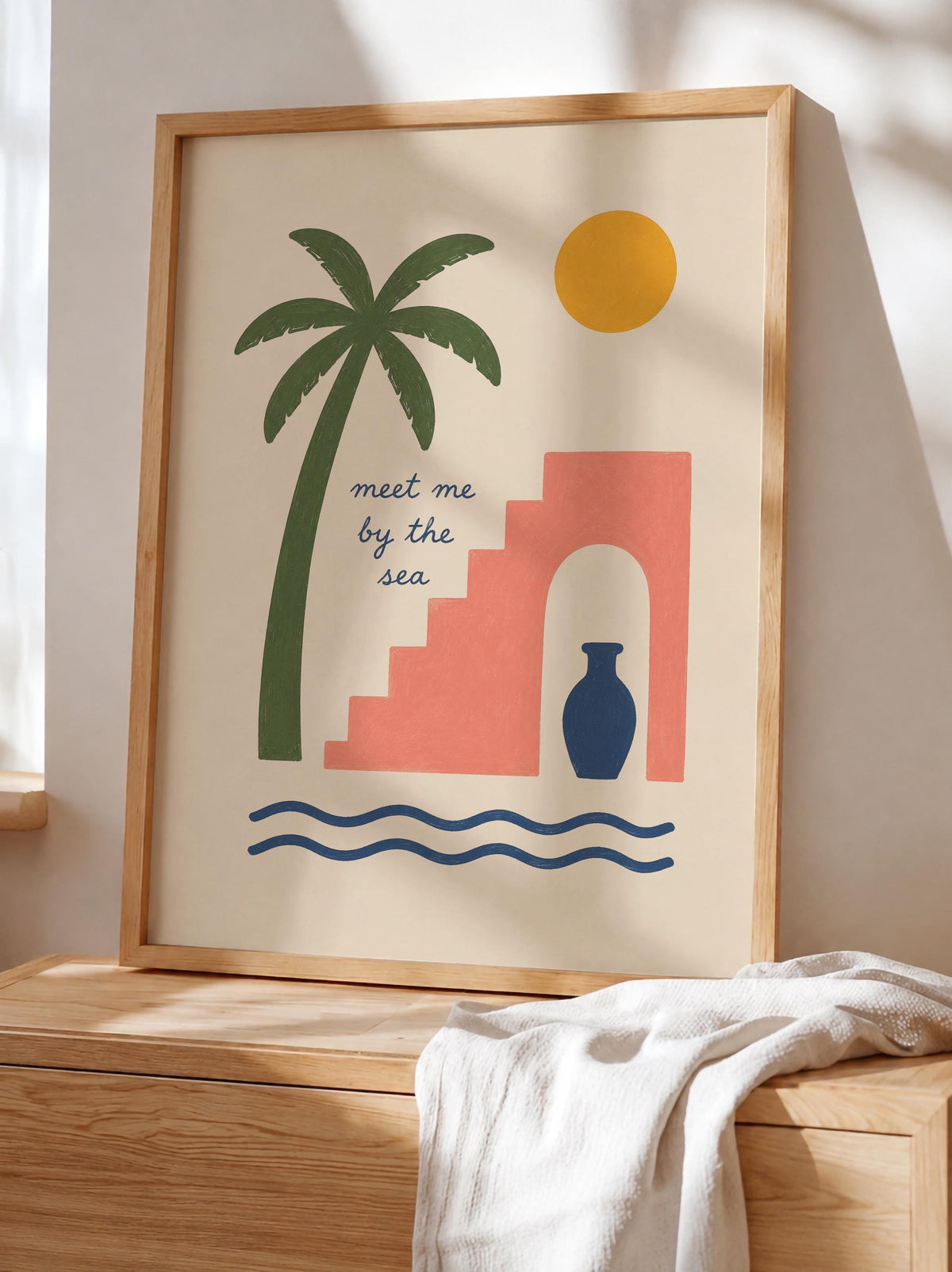 Meet Me By The Sea Hand-Painted Coastal Print | Mediterranean Palm Tree Wall Art | Framed or Unframed
