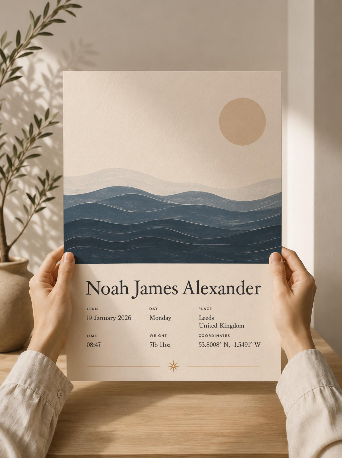 Personalised Birth Story Print | Ocean Waves Seascape Nursery Wall Art | Framed or Unframed