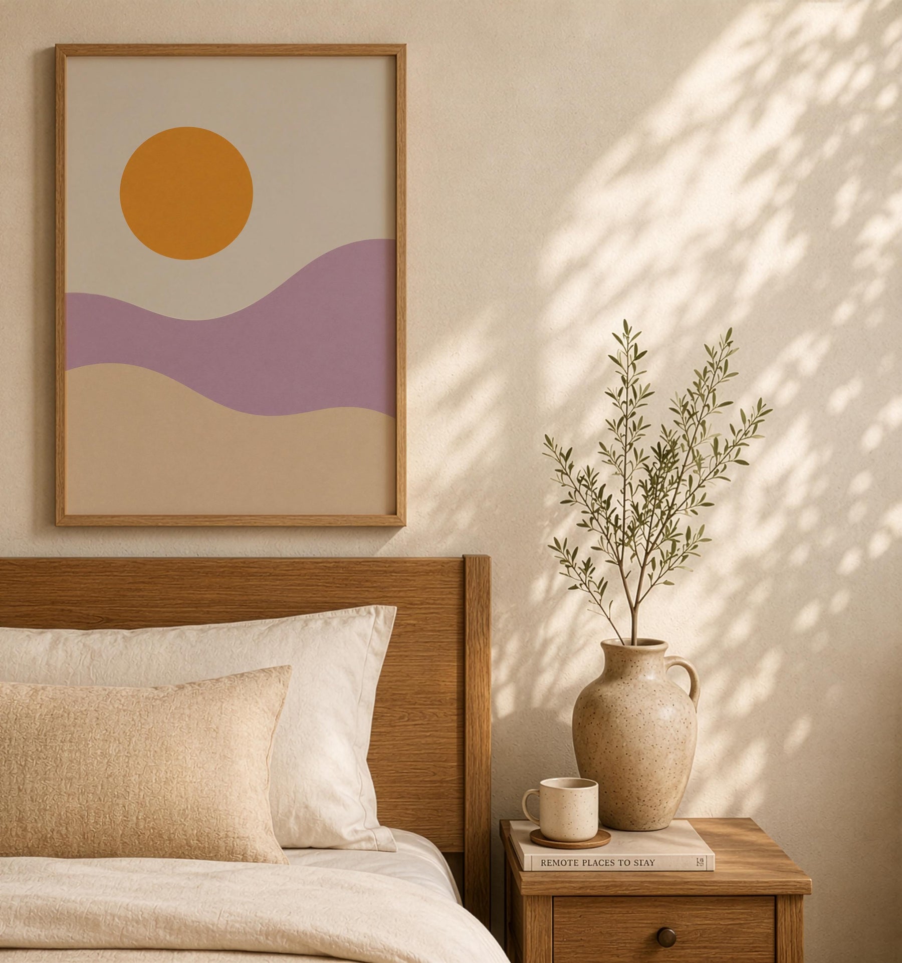 Desert Dunes Abstract Print | Minimalist Lilac Hills, Golden Sun Wall Art | Framed or Unframed