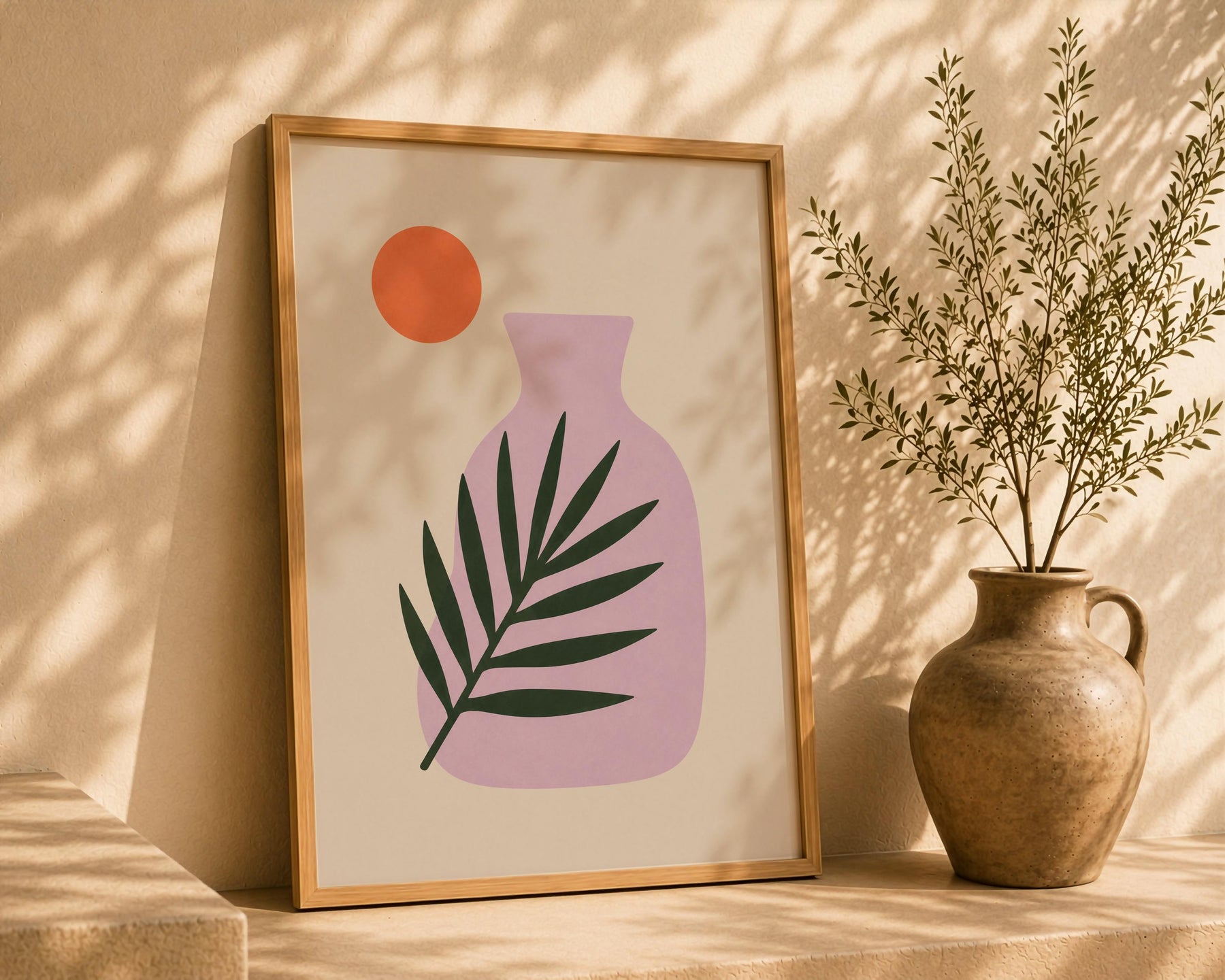Sunset Palm Leaf Print | Purple Vase Botanical Art, Mediterranean Modern Decor | Framed or Unframed