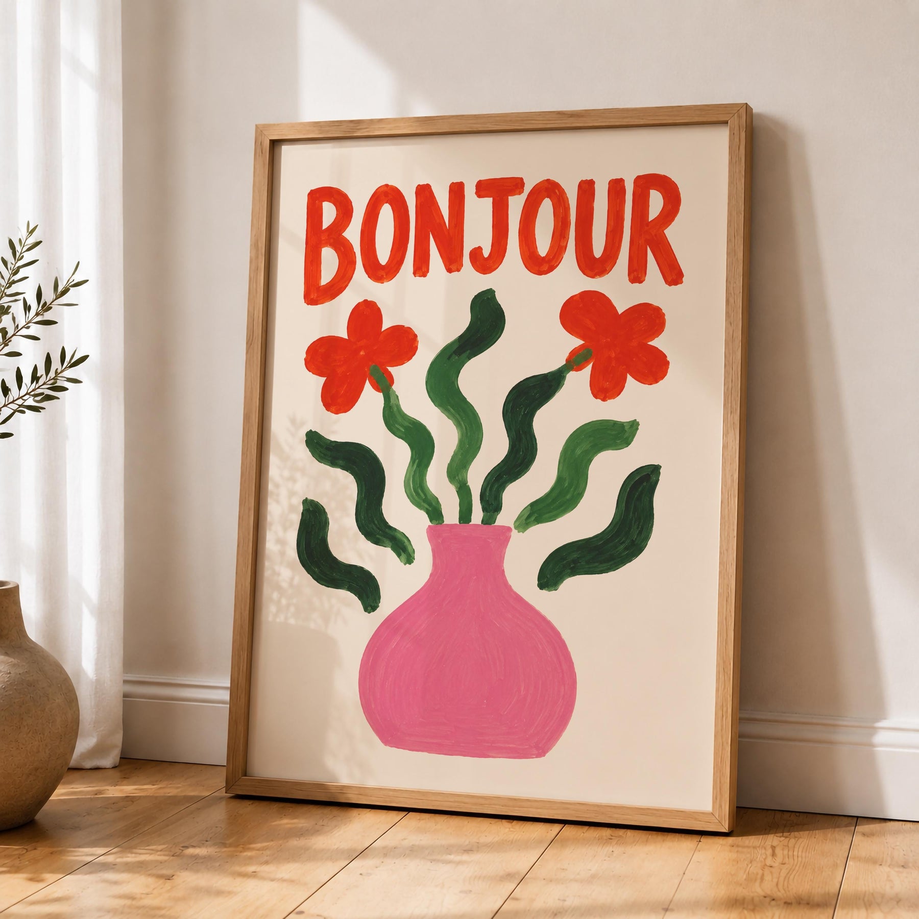 Bonjour Floral Art Print | Hand-Painted Botanical Flower Vase Wall Art | Framed or Unframed