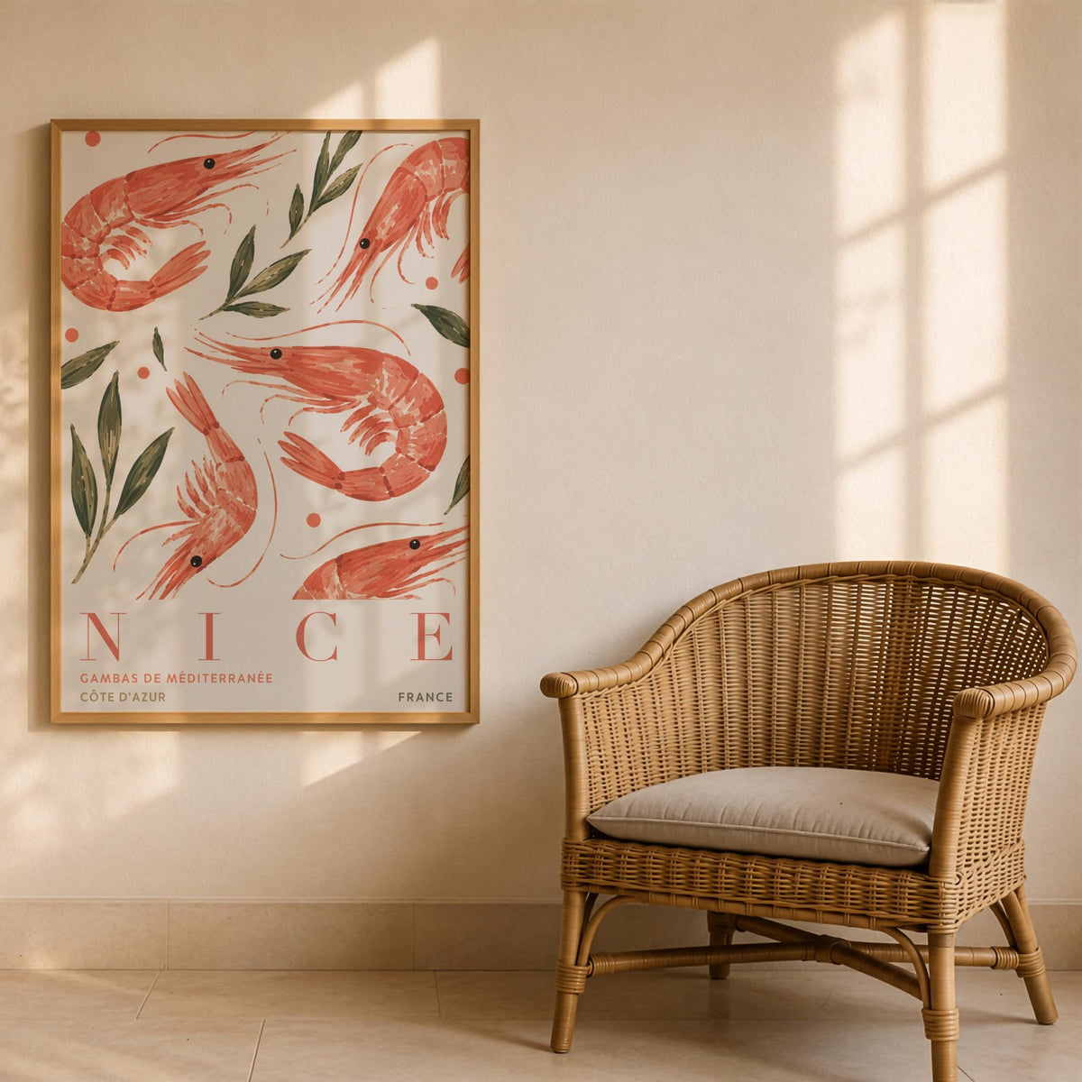 Nice France Travel Poster | Hand-Painted Shrimp, Côte d’Azur Coastal Art | Framed or Unframed