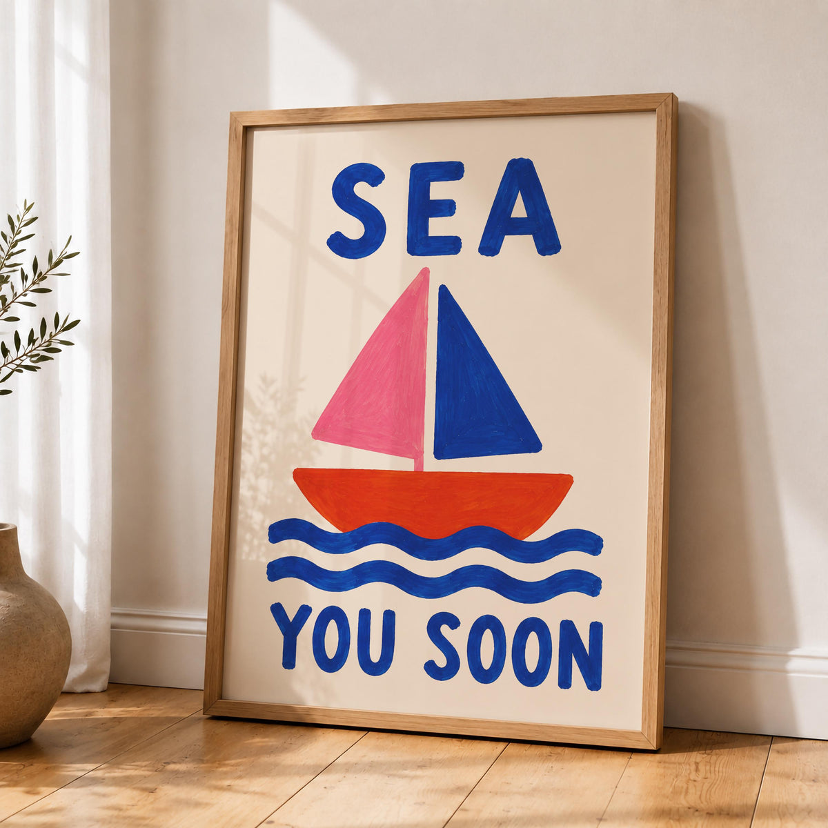 Sea You Soon Sailboat Print | Bold Hand-Painted Coastal Wall Art | Framed or Unframed