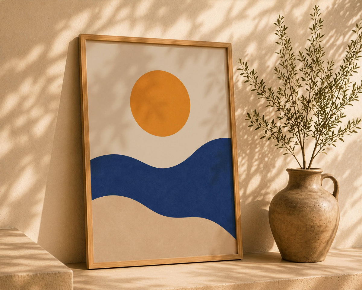 Coastal Dunes Abstract Art Print | Minimalist Mediterranean Sun Sea Wall Decor | Framed or Unframed