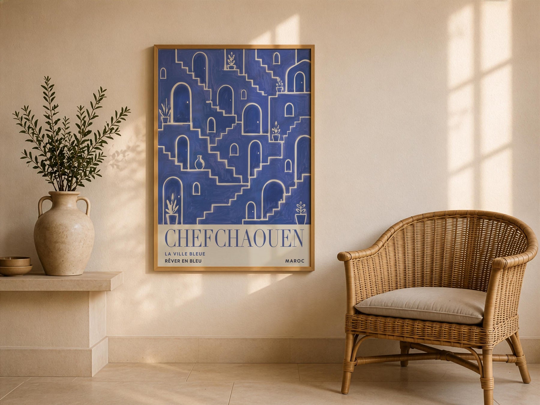 Chefchaouen Morocco Travel Poster | Blue City Wall Art, Mediterranean Decor | Framed or Unframed