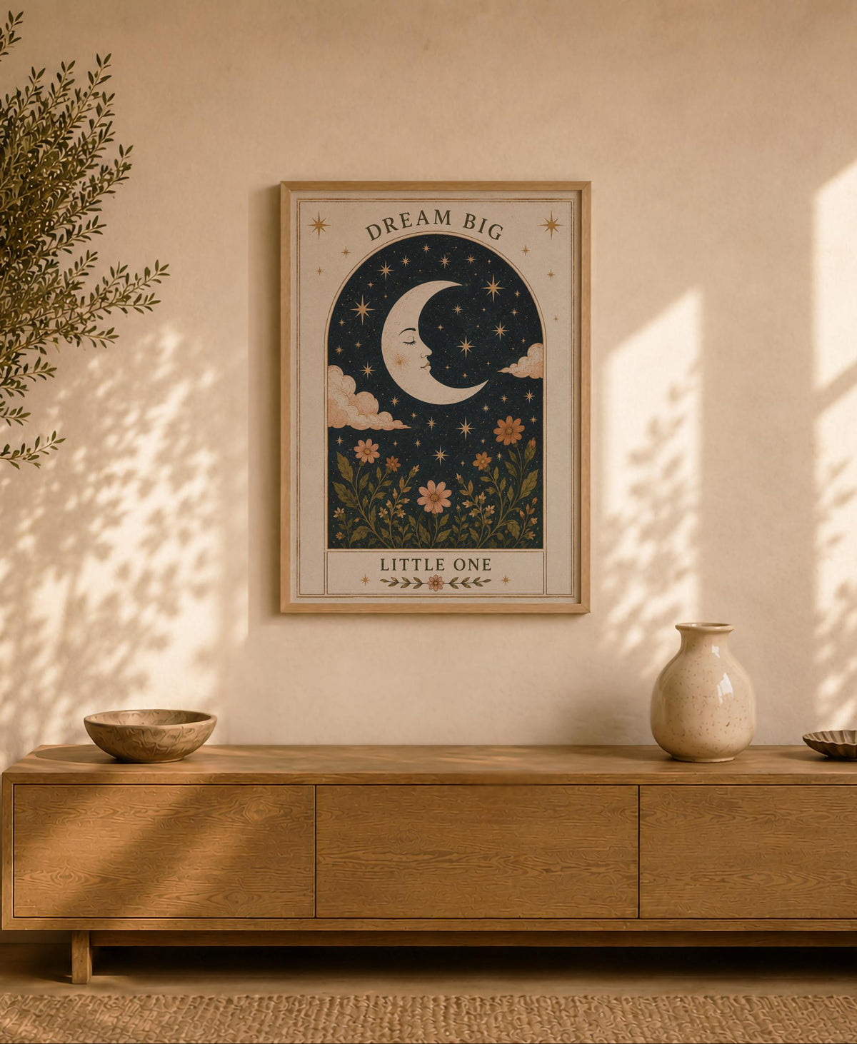 Dream Big Little One Celestial Moon Nursery Print | Folk Art Illustration Kids Room Wall Decor | Framed or Unframed