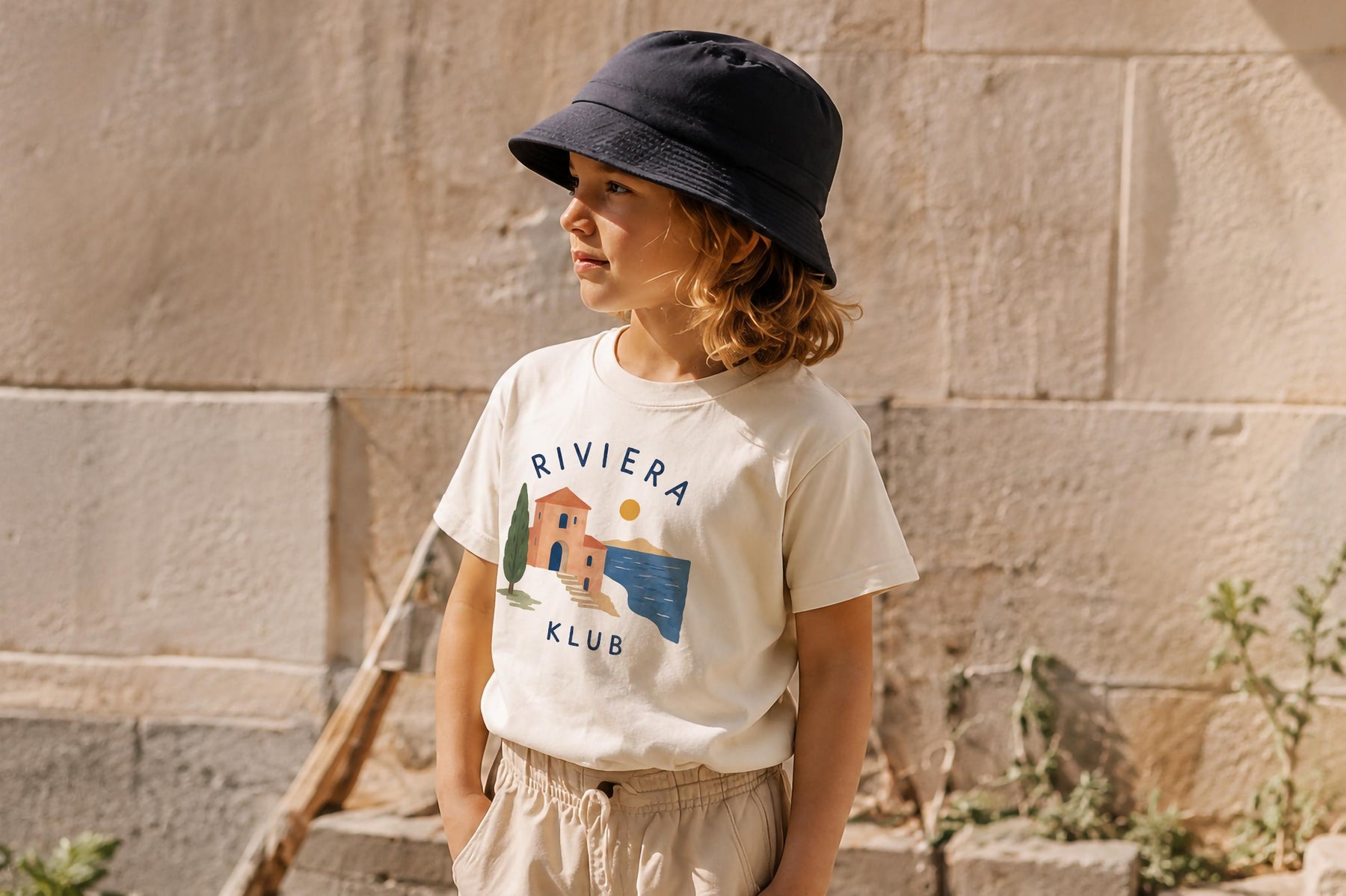 Riviera Klub Kids T-Shirt - Organic Cotton Mediterranean Coastal Graphic Tee, Summer Kids Clothing