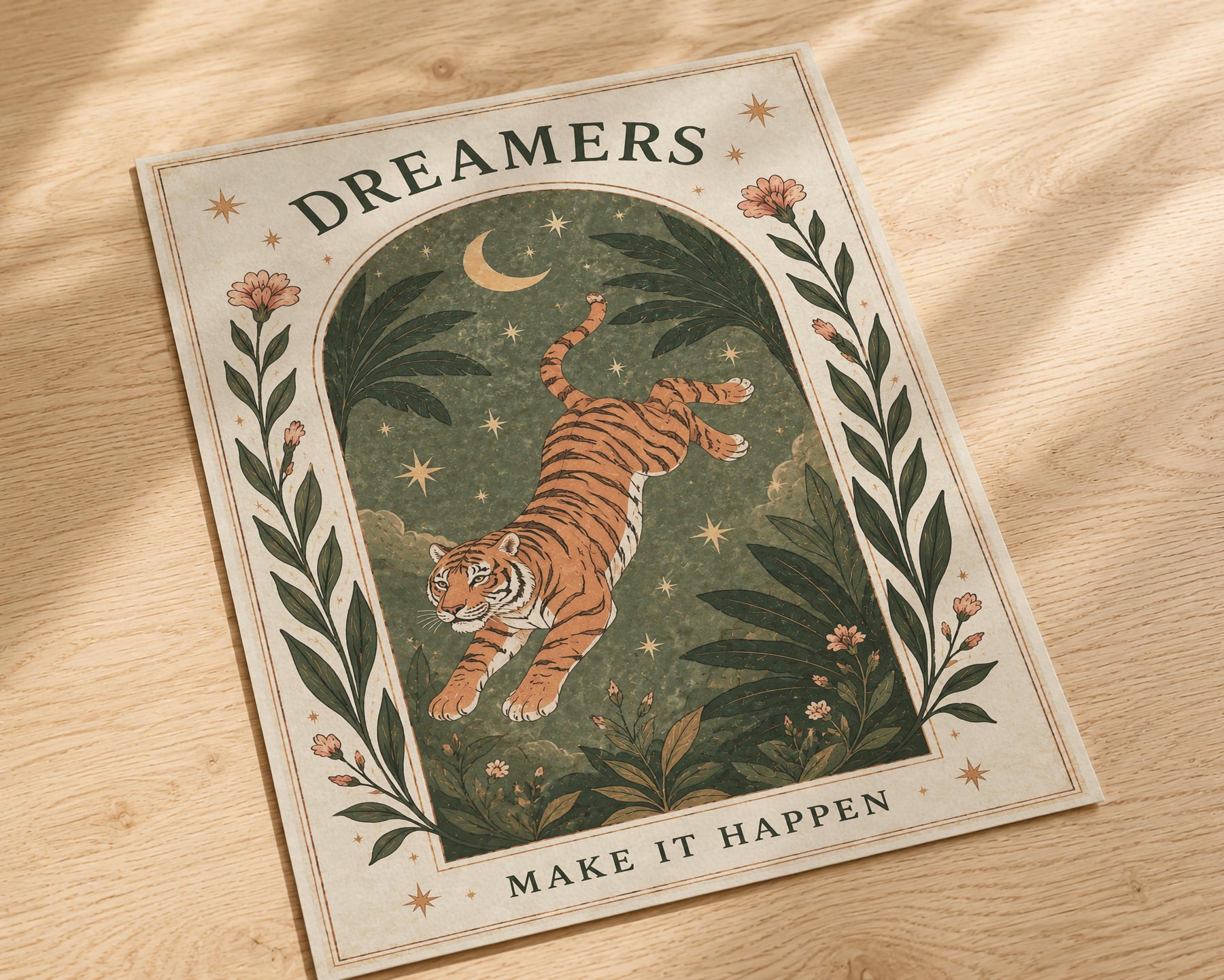 Tiger Illustrated Print | Inspirational Dreamer Folk Art Animal Wall Art | Framed or Unframed