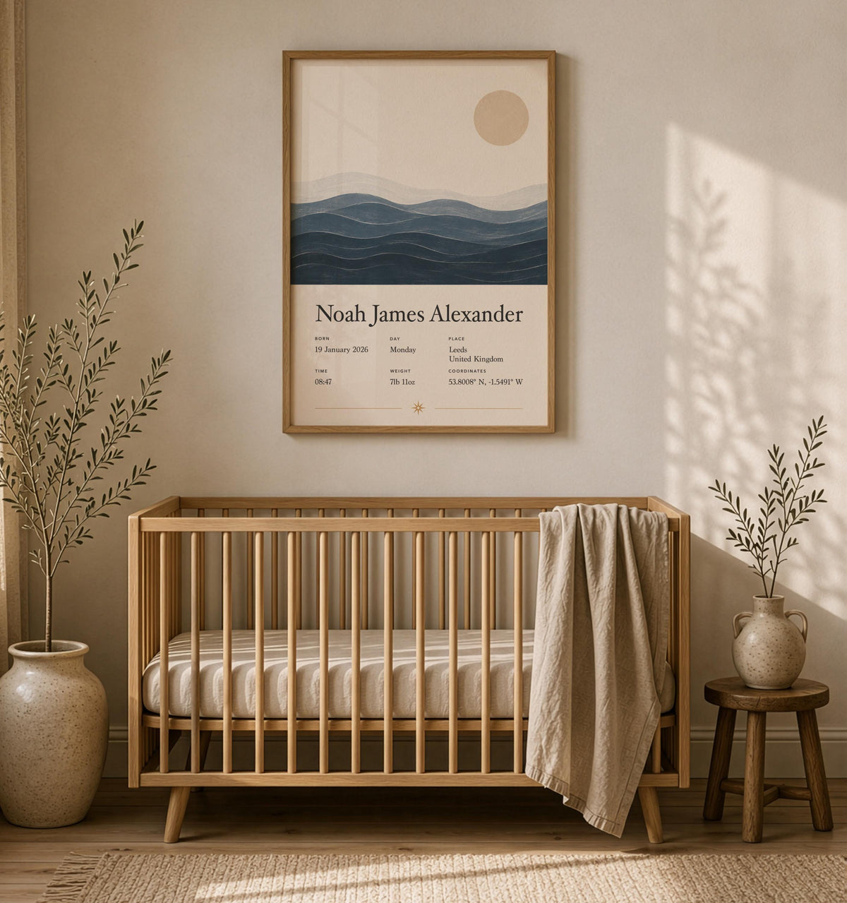 Personalised Birth Story Print | Ocean Waves Seascape Nursery Wall Art | Framed or Unframed