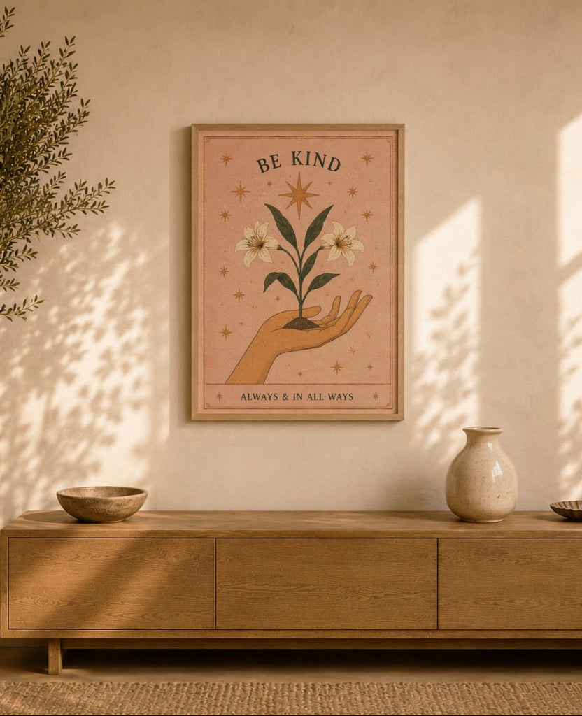 Be Kind Print | Inspirational Hand-Painted Floral Artwork, Celestial Folk Art | Framed or Unframed