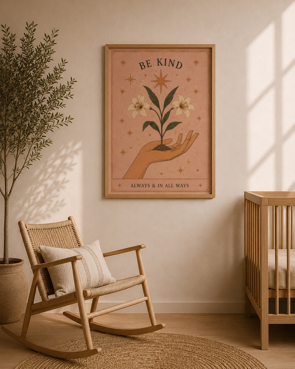 Be Kind Print | Inspirational Hand-Painted Floral Artwork, Celestial Folk Art | Framed or Unframed