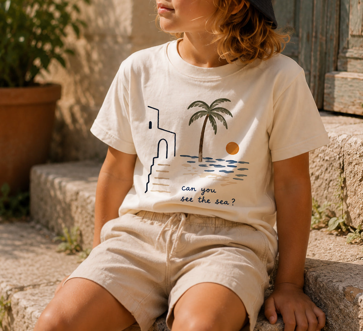 Can You See The Sea? Kids Organic Cotton T-Shirt | Coastal Palm Tree Beach Graphic Tee