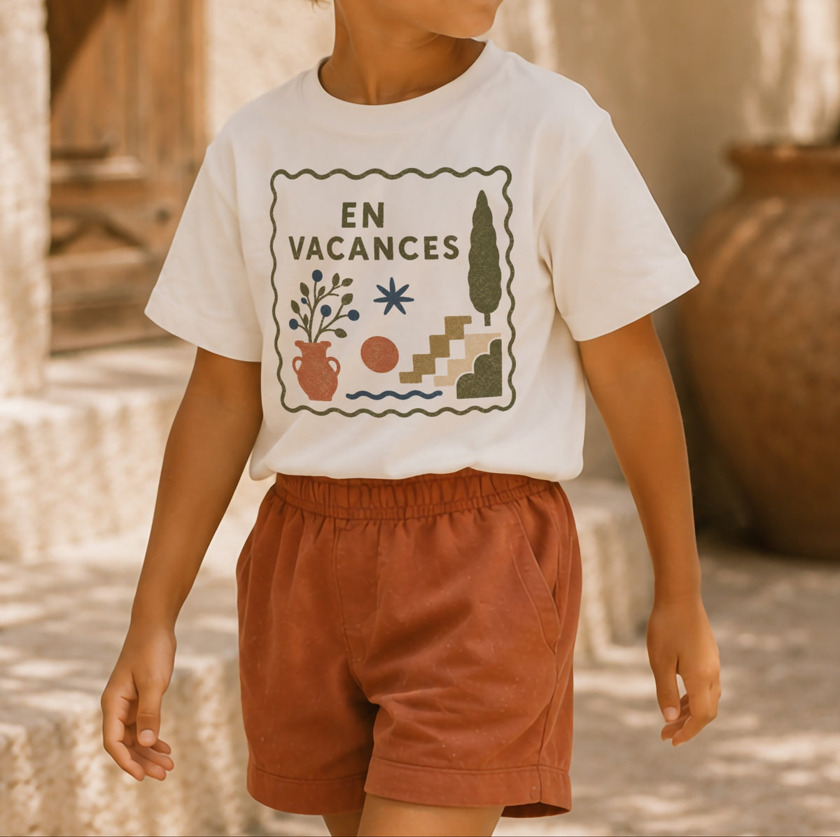 En Vacances Organic Cotton Kids T-Shirt | Mediterranean Graphic Tee, French Summer Holiday Clothing