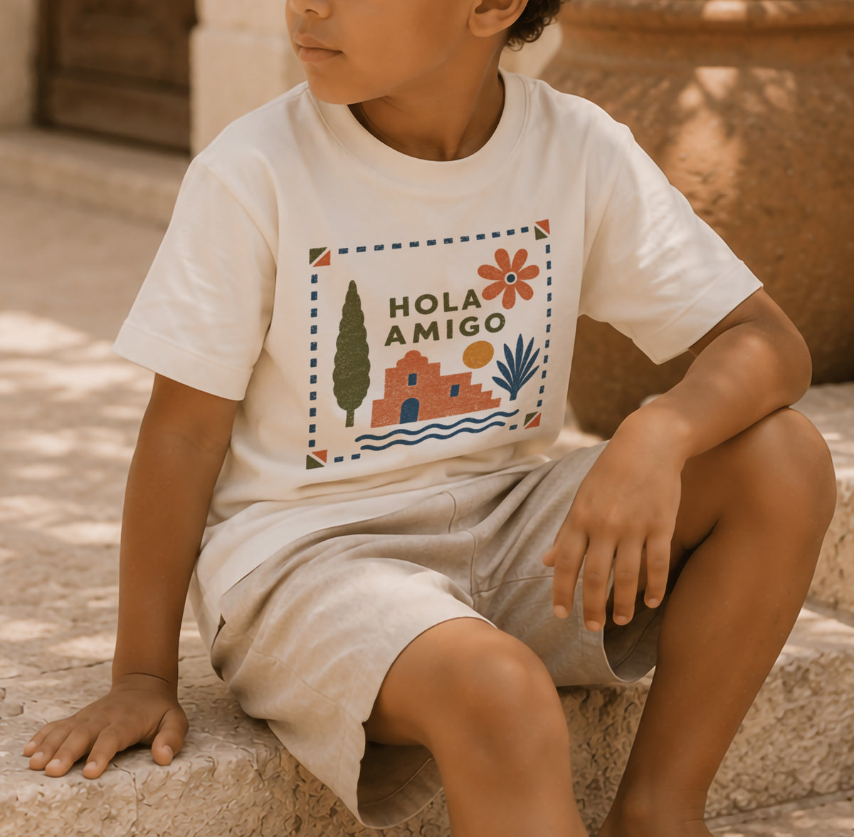 Hola Amigo Organic Cotton Kids T-Shirt | Mediterranean Graphic Tee, Summer Holiday Clothing