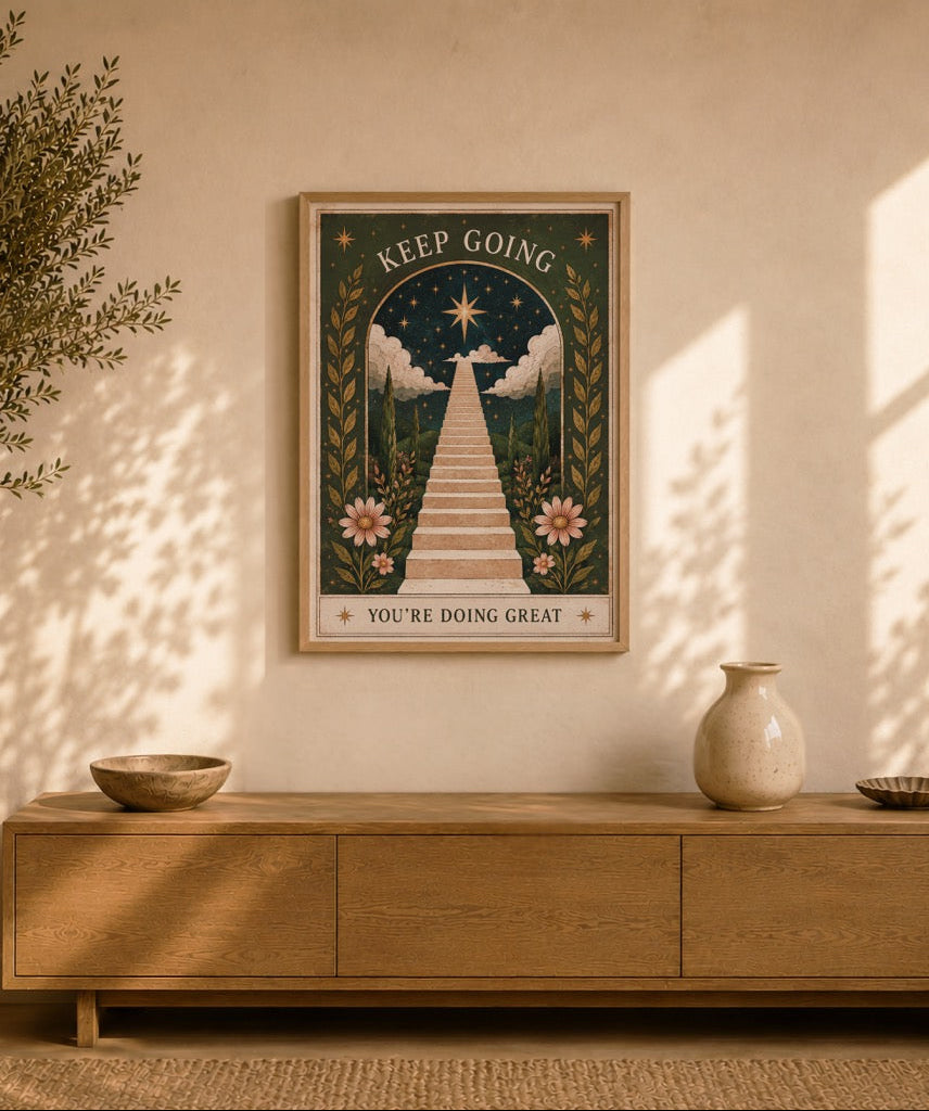 Keep Going Print | Inspirational Folk Art Wall Decor, Celestial Illustration, Framed or Unframed