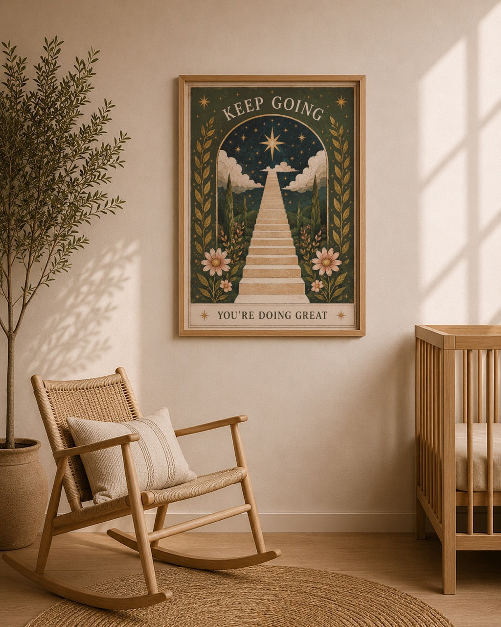 Keep Going Print | Inspirational Folk Art Wall Decor, Celestial Illustration, Framed or Unframed