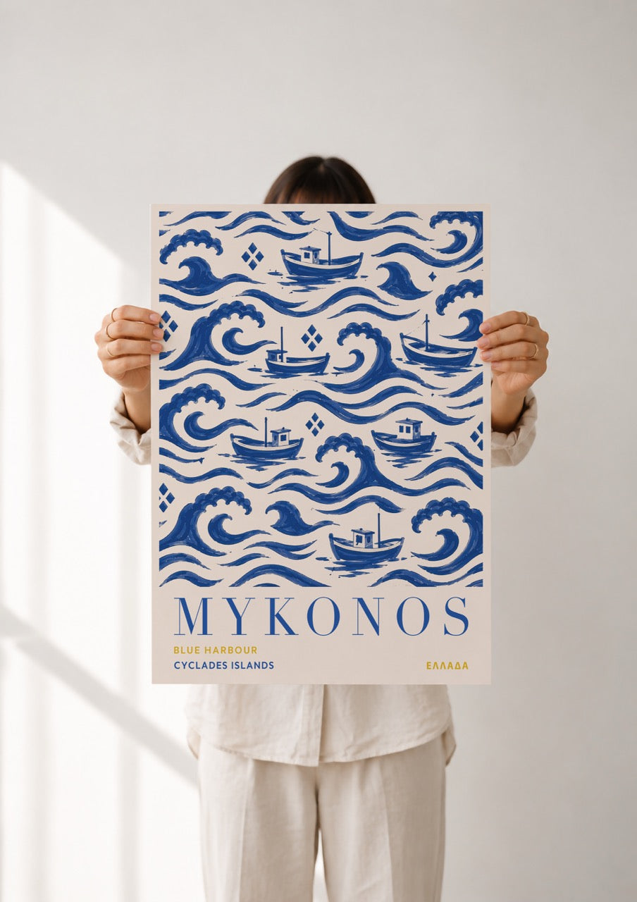 Mykonos Print | Hand-Painted Greek Island Travel Poster, Coastal Nautical Decor | Framed or Unframed
